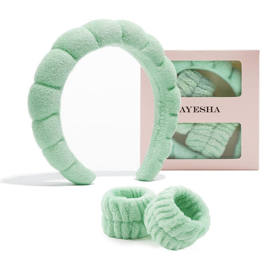 Ayesha Green Spa Headband and Wristband Set for Skincare Makeup Headband Wrist Cuffs for Washing Face Bubble Skincare Hairband for Women Girls