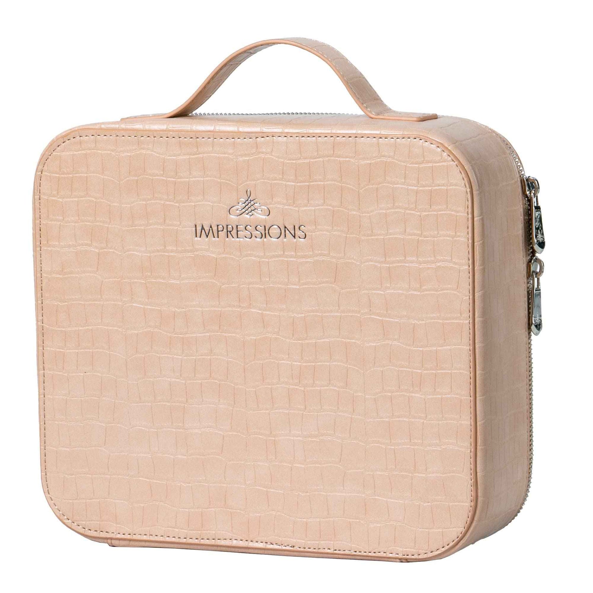 Impressions Vanity Liane V. Travel Makeup Bag, Cosmetic Case Makeup Organizer with Waterproof and Transparent Window, Makeup Vanity Bags with Adjustable Dividers and Faux Leather (Beige)