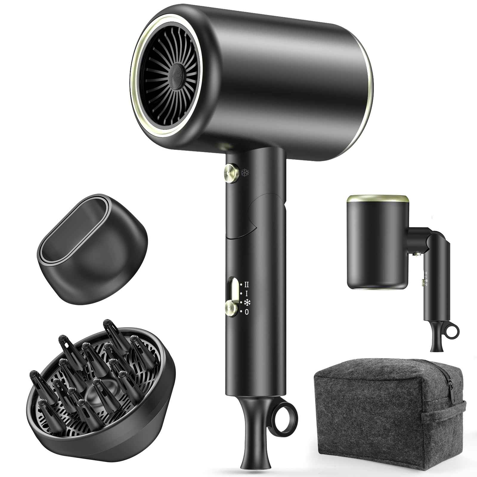 Hair Dryer, 150000RPM Ionic Blow Dryer - Fast Drying, Low Noise, Foldable Portable with Diffuser and Nozzle, Compact Mini for Women and Men, Home and Travel （Black）