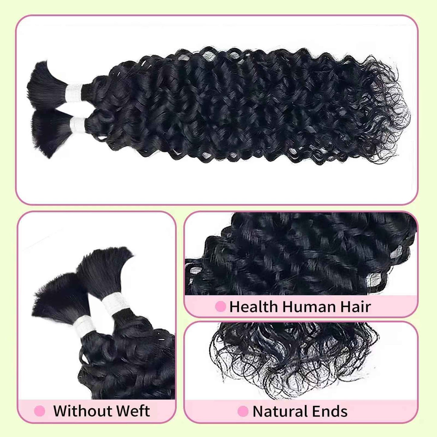 Morpure 16 Inch Human Braiding Hair for Boho Braids Curly Human Hair Braiding Hair Wet and Wavy Unprocessed Virgin Water Wave Human Hair for Braiding Natural Color 2 Bundles/Pack (Total 100G)