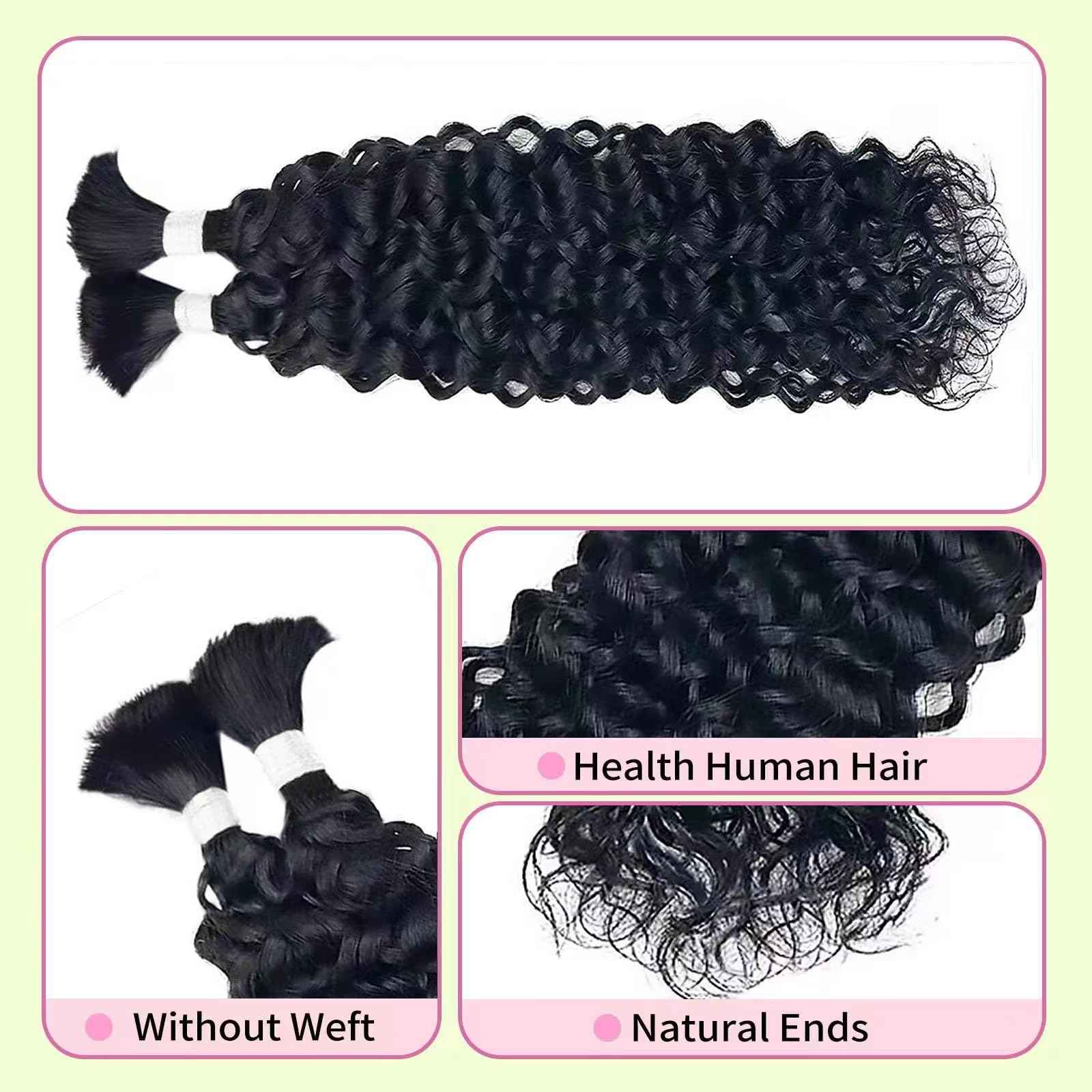 Morpure 16 Inch Human Braiding Hair for Boho Braids Curly Human Hair Braiding Hair Wet and Wavy Unprocessed Virgin Water Wave Human Hair for Braiding Natural Color 2 Bundles/Pack (Total 100G)