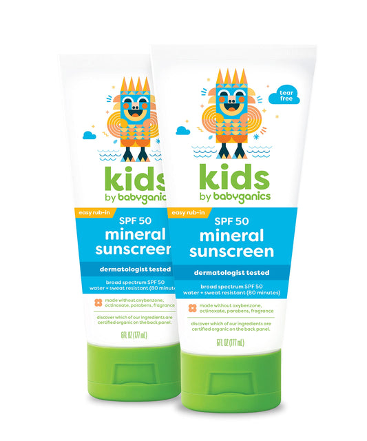 Babyganics SPF 50 Kids Sunscreen Lotion | UVA UVB Protection | Octinoxate & Oxybenzone Free | Water & Sweat Resistant, 6 Fl Oz (Pack of 2)