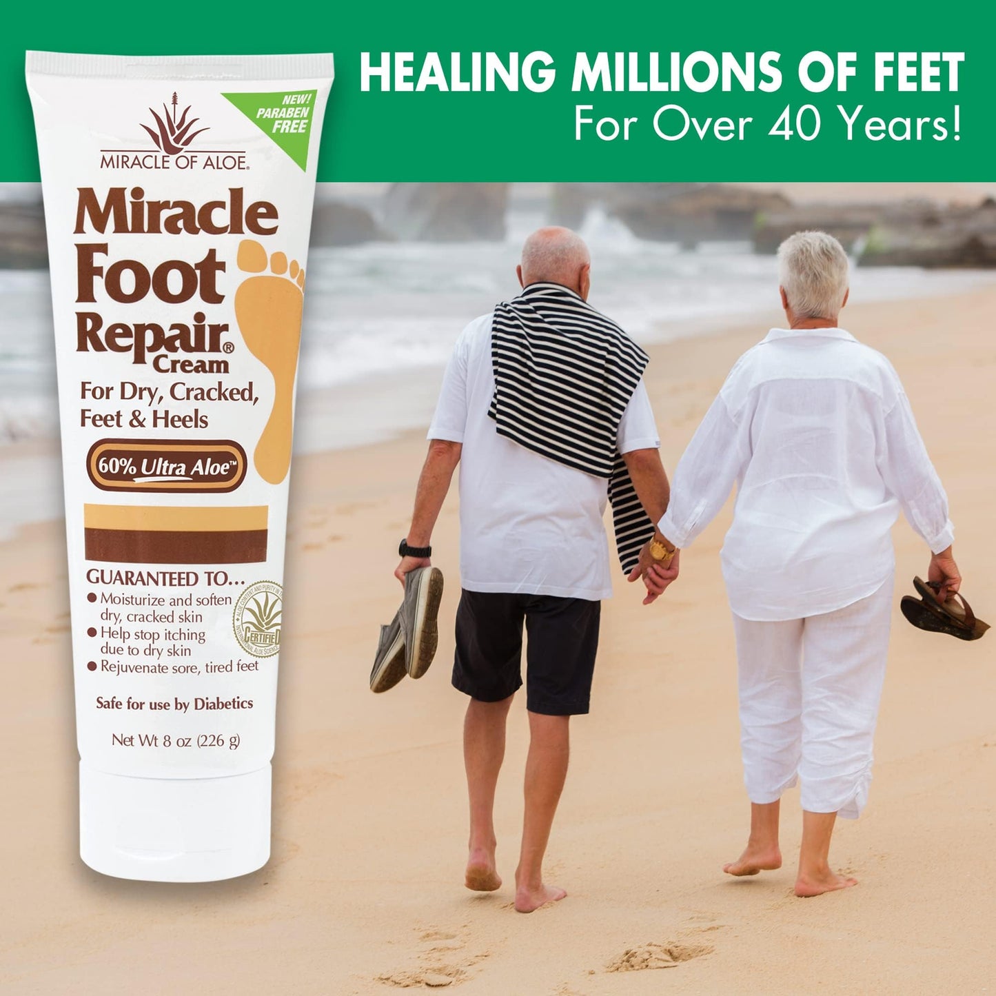 Miracle Foot Repair Cream (8 oz & 1 oz) Repairs Dry Cracked Heels and Feet, 60% Pure UltraAloe Moisturizes, Softens, and Repairs