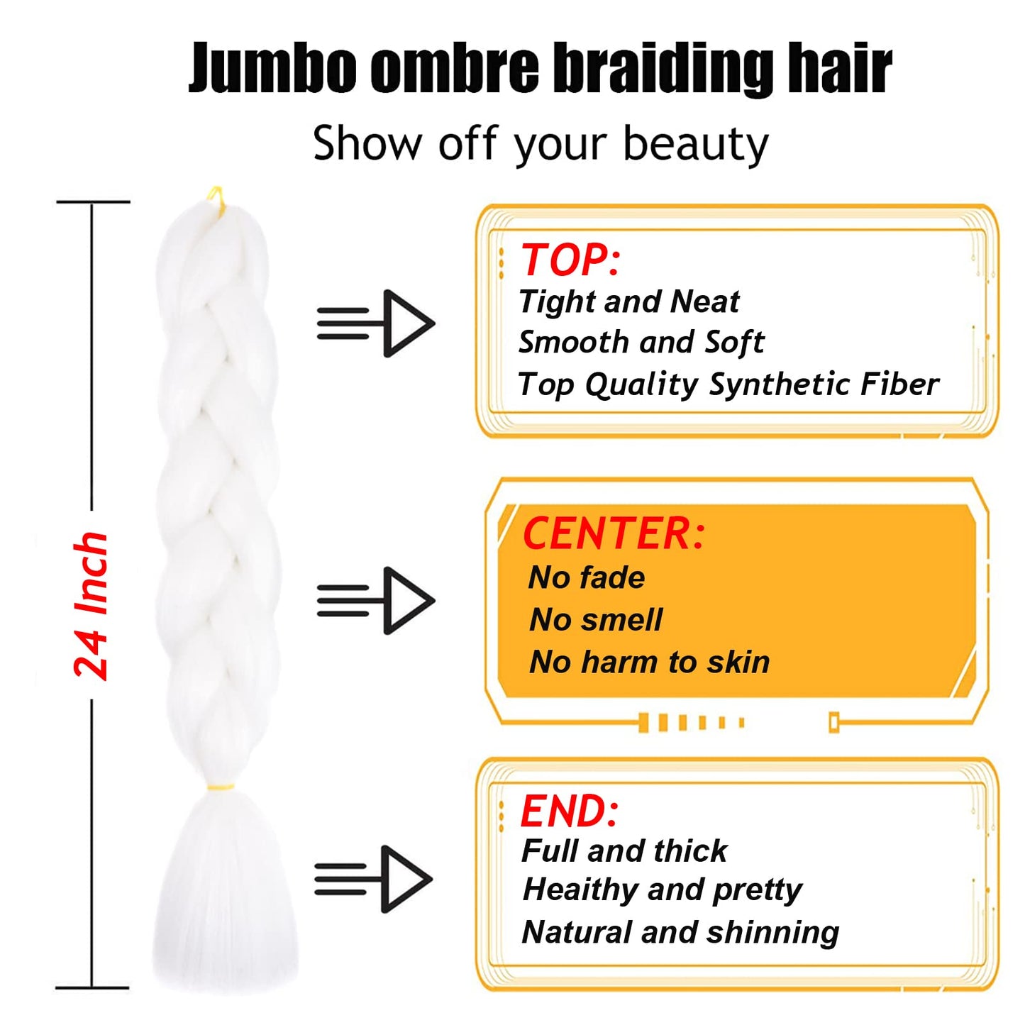 TENGSHUO FLY White Braiding Hair 6 Packs Synthetic Braid Hair Extensions Jumbo Ombre Braiding Hair 24 Inch or Box Braids Twist Crochet Braids(24"6Pack,White(60#)