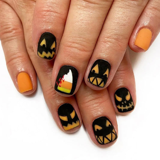 Halloween Press on Nails Square Short Pumpkin Color Glossy Fake Nails Devil Design Glue on Nails for Women Acrylic Nails Cute Halloween Nail Small Stick on Nails for Woman Nail Art Manicure 24 Pcs