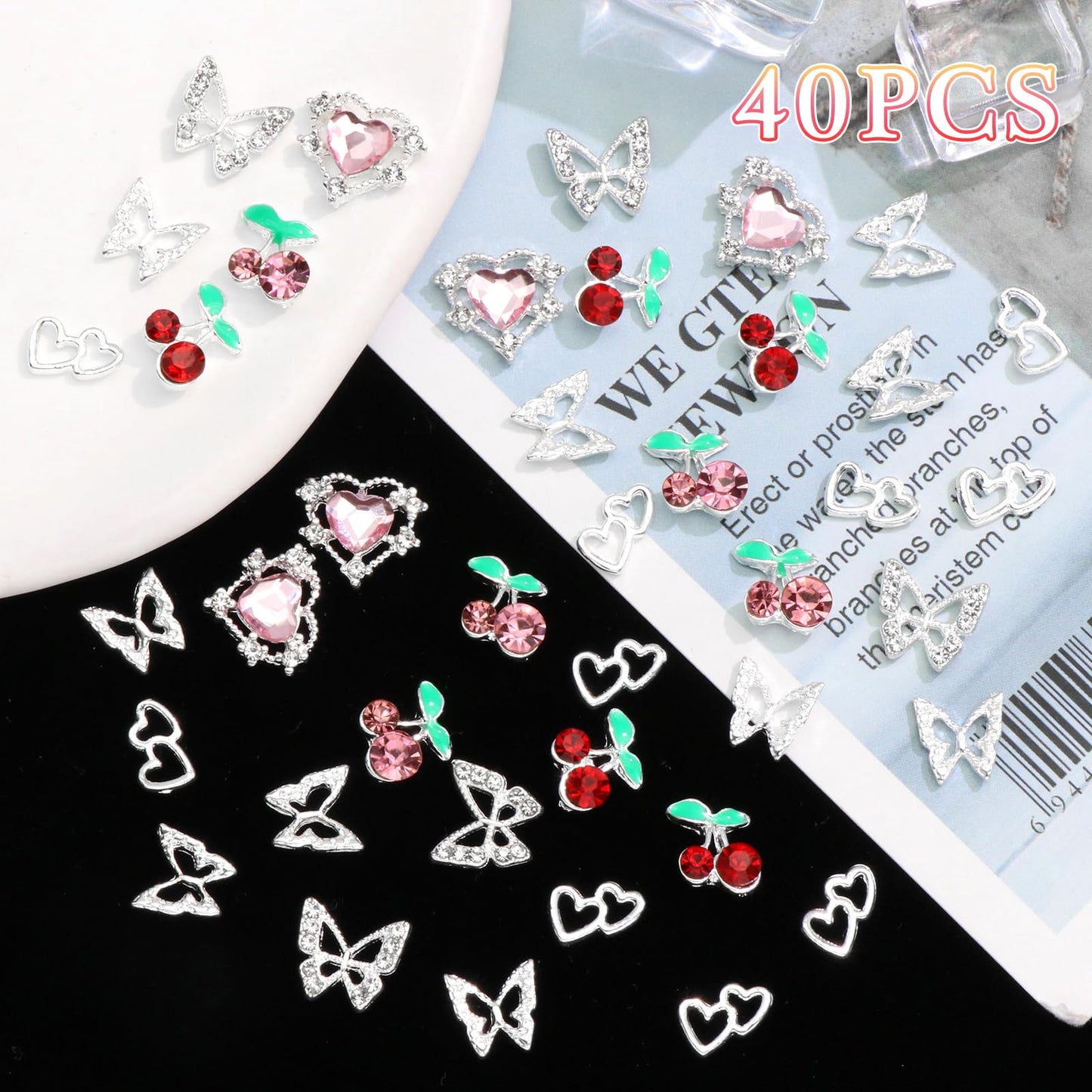 RODAKY 40PCS Butterfly Nail Charms Red Cherry Nail Art Charms Pink Heart Nail Rhinestone Cute Cherries Nail Gems Mixed Style Nail Decoration Accessories for Women's Manicure Nail Art