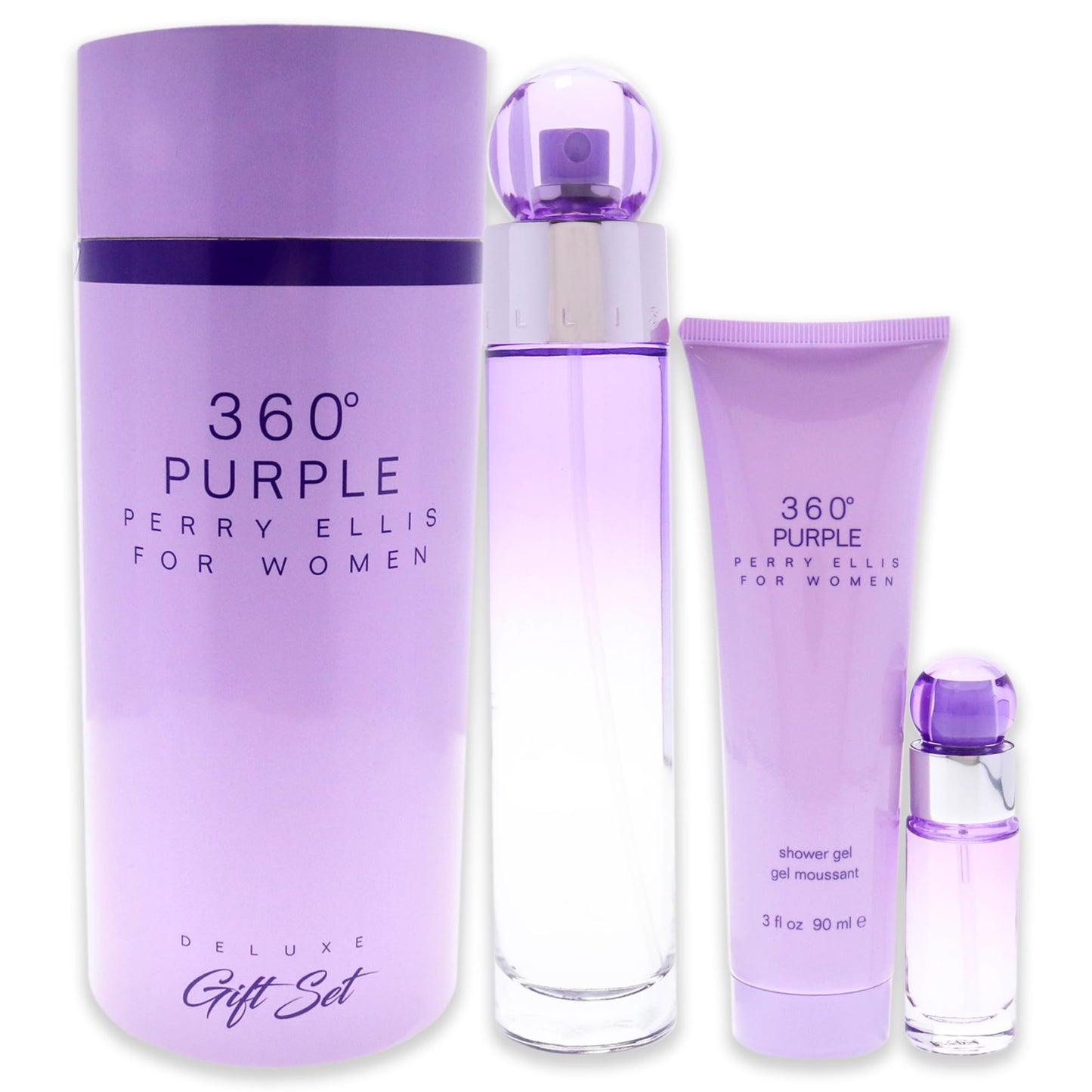 Perry Ellis 360° Purple Gift Set - 3.4 fl oz eau de parfum, 3 oz shower gel, 25 fl oz travel spray - blackberry, peach, pink apple, tuberose, muguet, rose, jasmine, mimosa, sandalwood, oak moss, musk