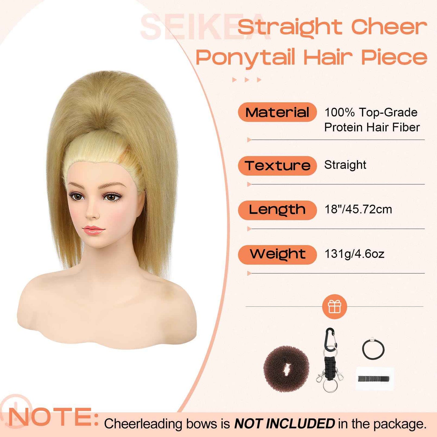 SEIKEA Cheer Ponytail Hair Piece, 100% Super Protein Fiber Straight Cheerleader Hairpiece Lightweight Silky Smooth Fluffy 18" Ponytail Extension for Cheerleader Competition, Dance Blonde