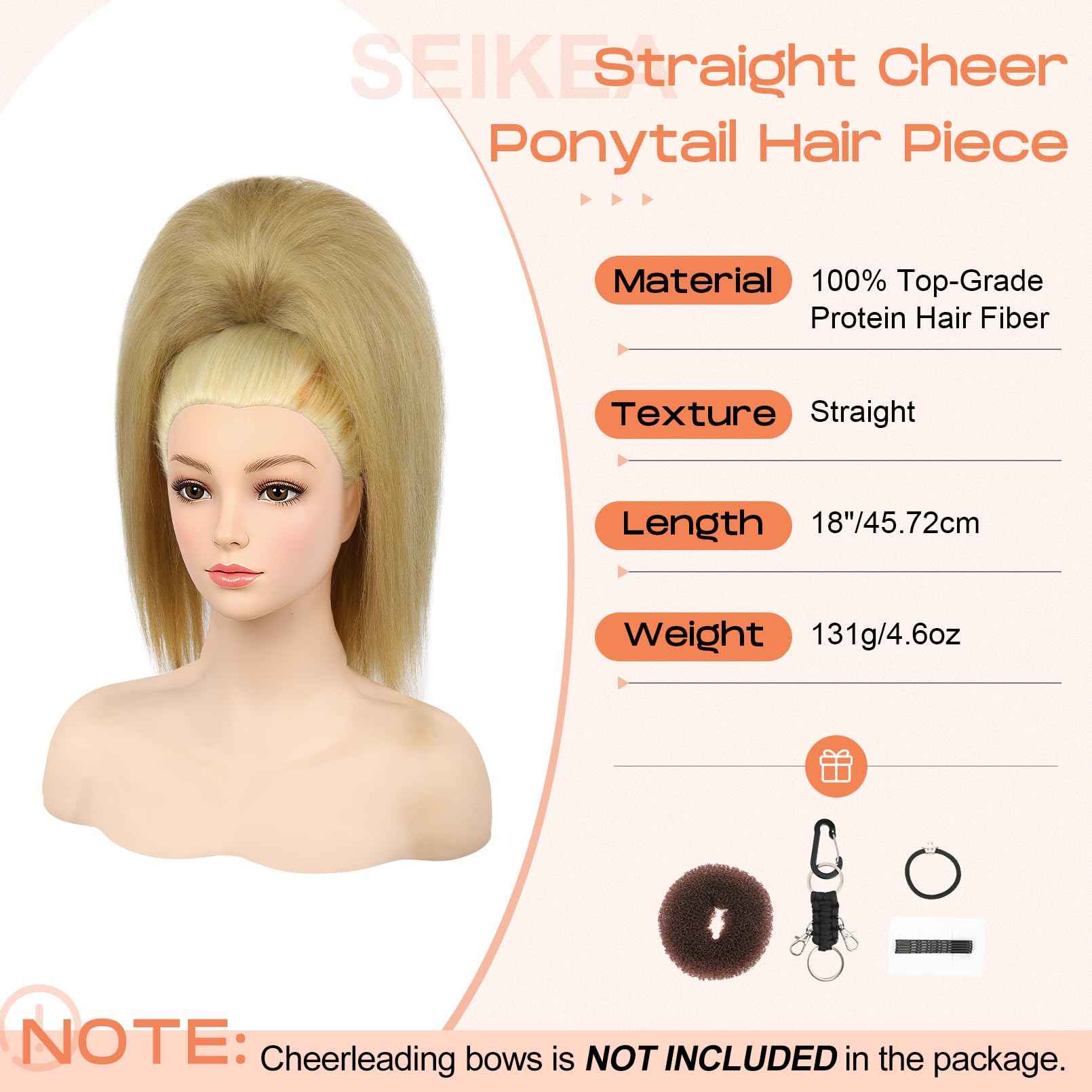 SEIKEA Cheer Ponytail Hair Piece, 100% Super Protein Fiber Straight Cheerleader Hairpiece Lightweight Silky Smooth Fluffy 18" Ponytail Extension for Cheerleader Competition, Dance Blonde