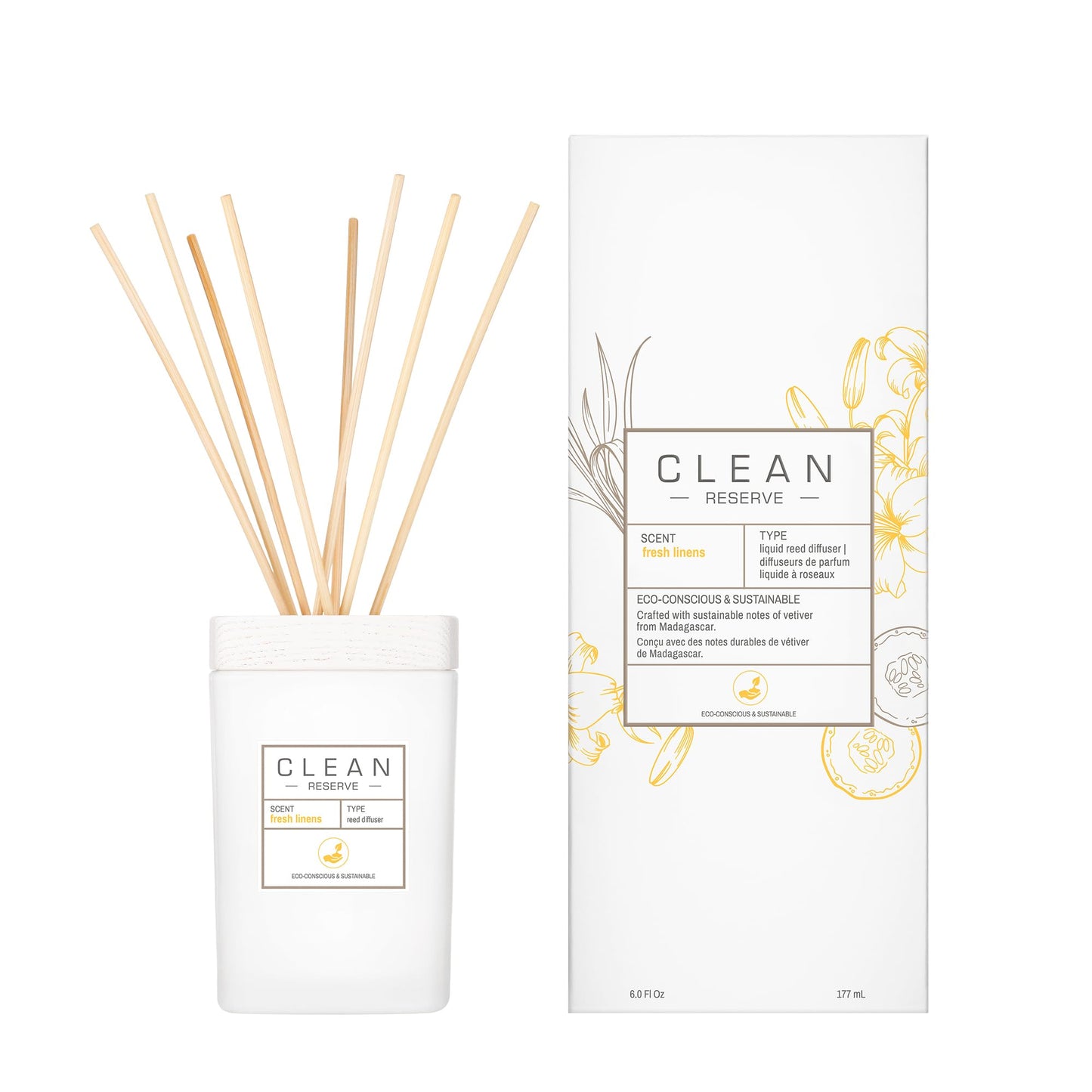 CLEAN RESERVE Home Liquid Reed Diffuser | Natural Rattan Reeds in Reusable Glass Vase | 100% Vegan Oil | Aroma Lasts Up to 90 days | 6.0 oz/177 mL