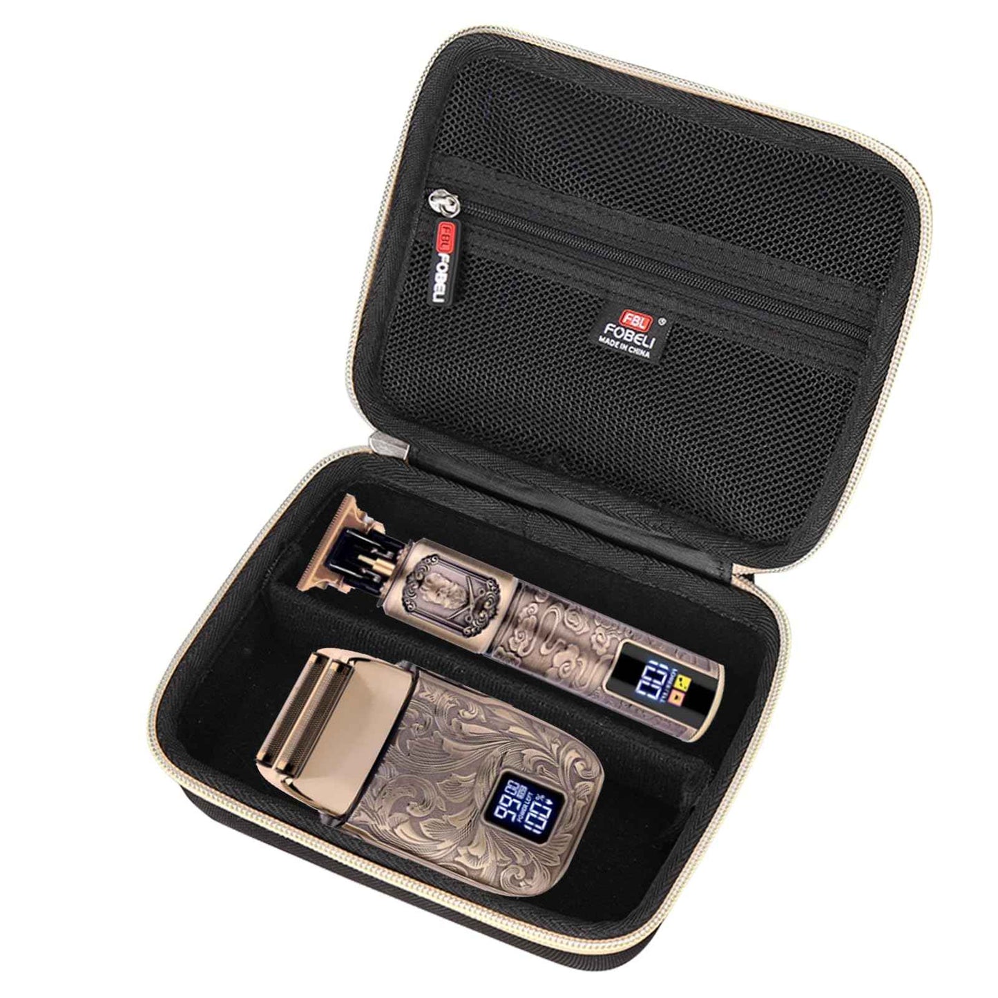 FBLFOBELI EVA Hard Storage Case for Ufree/for Brightup FK-8788T/ for Wahl 9916-817V Electric Razor Foil Shavers for Men, Hair Beard Trimmer Grooming Shaving Kit Storage Holder (Black+Gold Zipper)