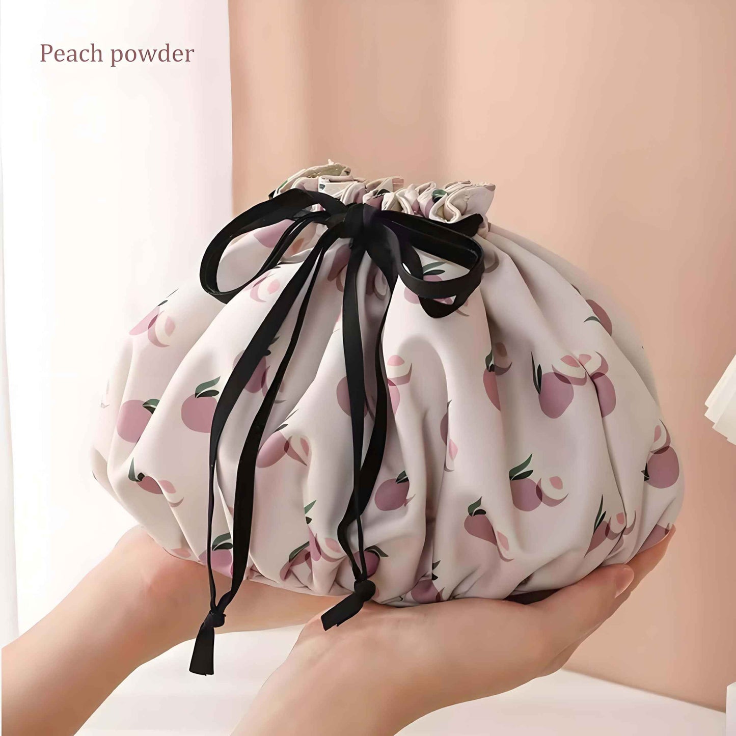 Large Capacity Drawstring Makeup Bag - Lightweight Oxford Fabric Cosmetic Organizer with Fruit Print, Travel Toiletry Pouch for Women & Beauty Lovers (Portable, Effortless Storage)(Peach powder)