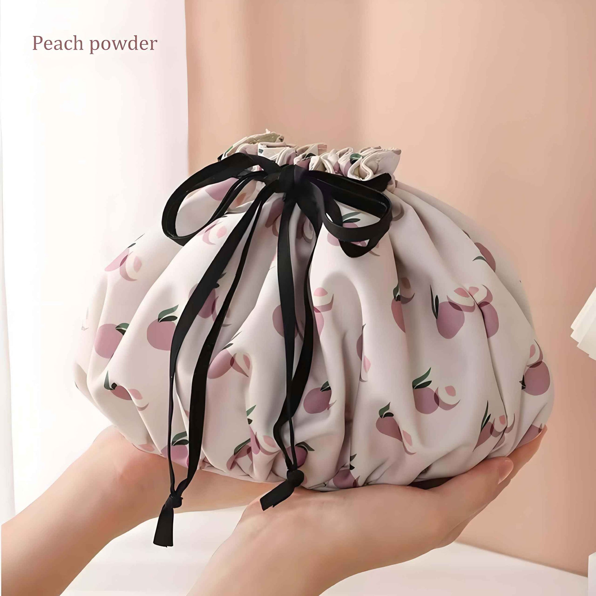 Large Capacity Drawstring Makeup Bag - Lightweight Oxford Fabric Cosmetic Organizer with Fruit Print, Travel Toiletry Pouch for Women & Beauty Lovers (Portable, Effortless Storage)(Peach powder)