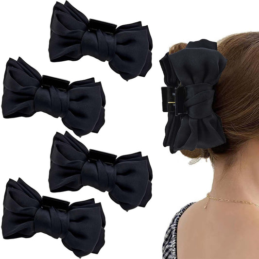 4 PACK Large Black Satin Nonslip Bow Claw Hair Accessories for Women