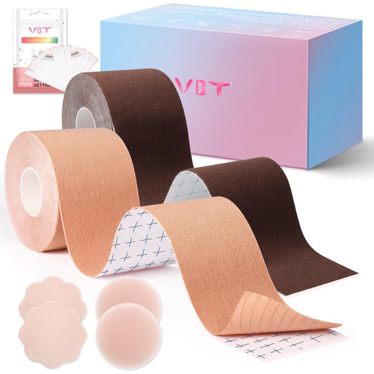 VBT 2 Pack Boob Tape - Breast Lift Tape, Body Tape for Breast Lift w 2 Pcs Silicone Breast Reusable Adhesive Bra& 2 Pcs Fabric Nipple Covers, Bob Tape for Large Breasts A-G Cup, Nude&Brown