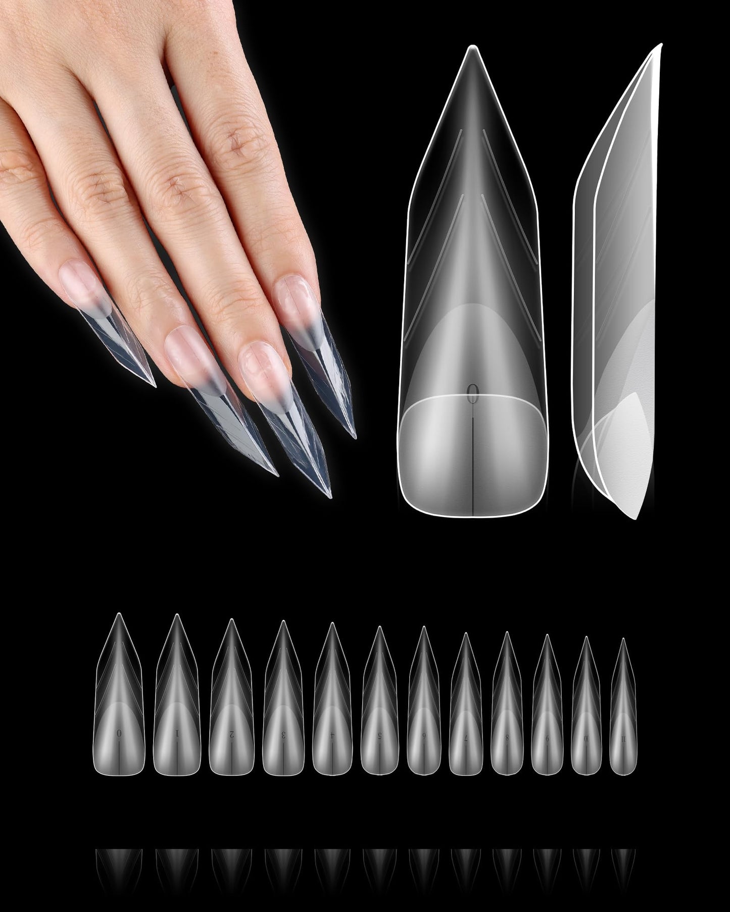 120Pcs Extra Long Stiletto Nail Tips, 12 Sizes Clear XXL Full-Cover Press On Nails Half-Matte False Nail Extension Tips For Professional Salons Home DIY Nail Art Manicure Design