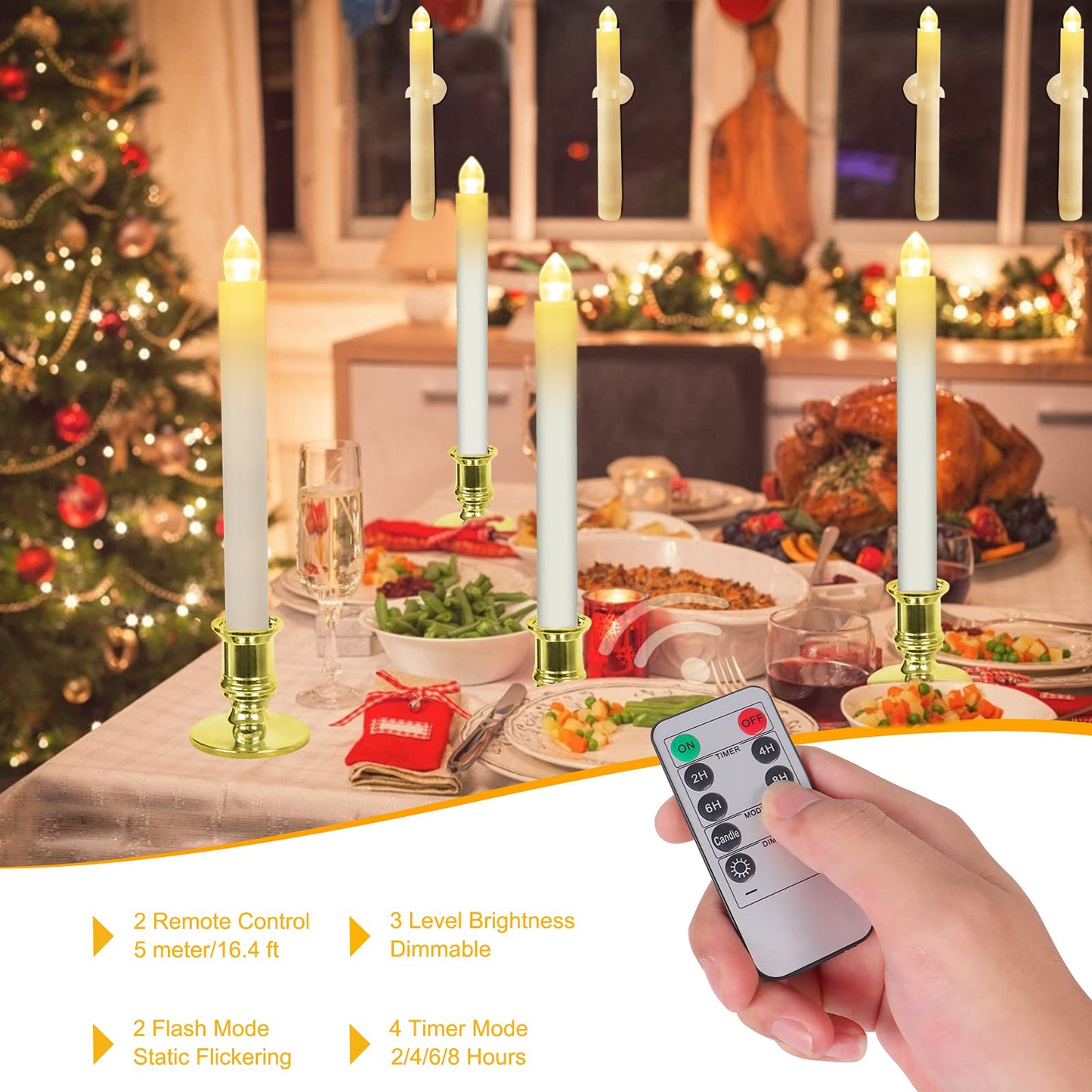 Koncifun Window Candles 12 Pack Battery Operated Candles with Timer Flameless Candles Battery Candles with 2 Remote Controls Christmas Window Lights Golden Flickering Candles for Christmas Decorations