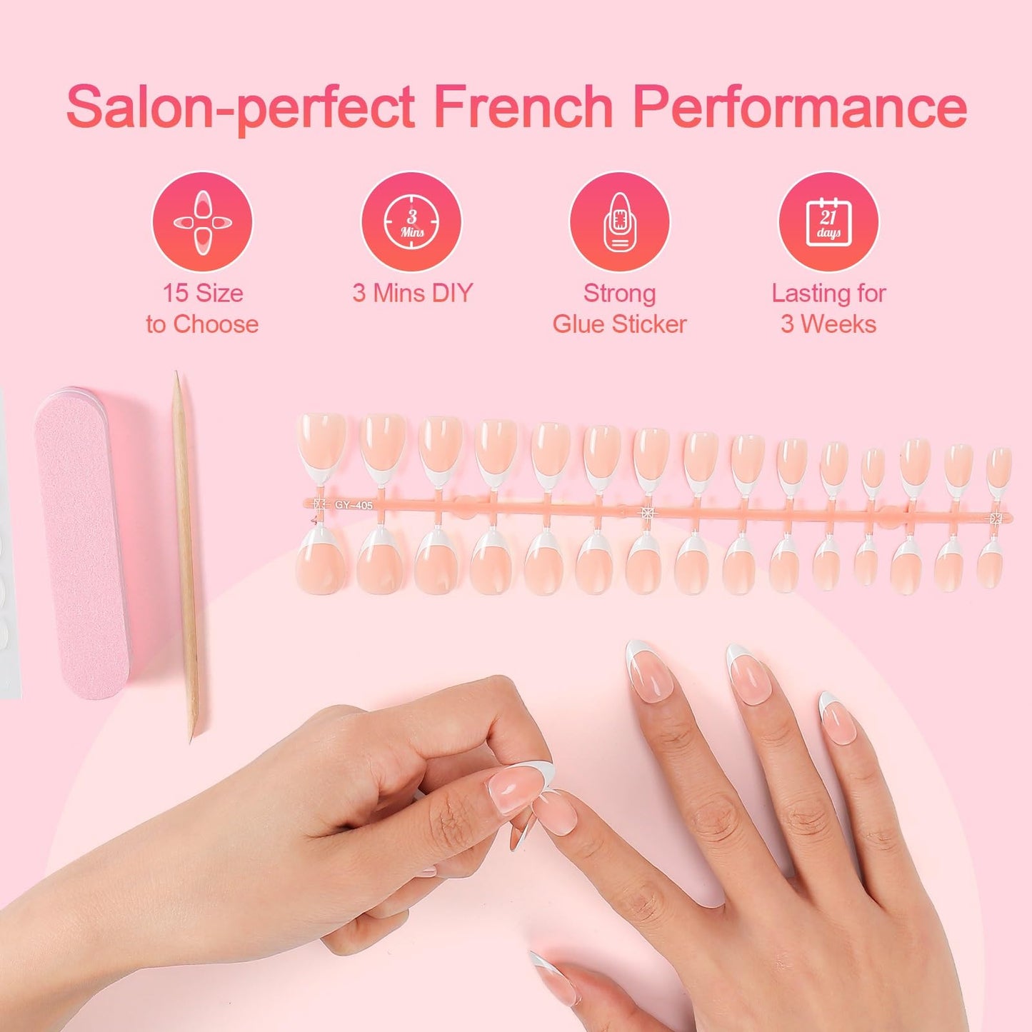 LIARTY 240 Pcs French Press On Nails Short Square, French Tip False Nails Manicure, 15 Size Acrylic Full Cover Artificial Fake Nails (Pink)