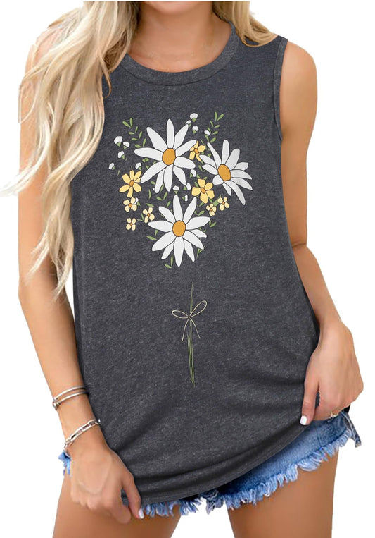 Womens Tank Tops Sleeveless Tank Round Neck Loose Fitting Basic Top (Yellow White Flowers, S)