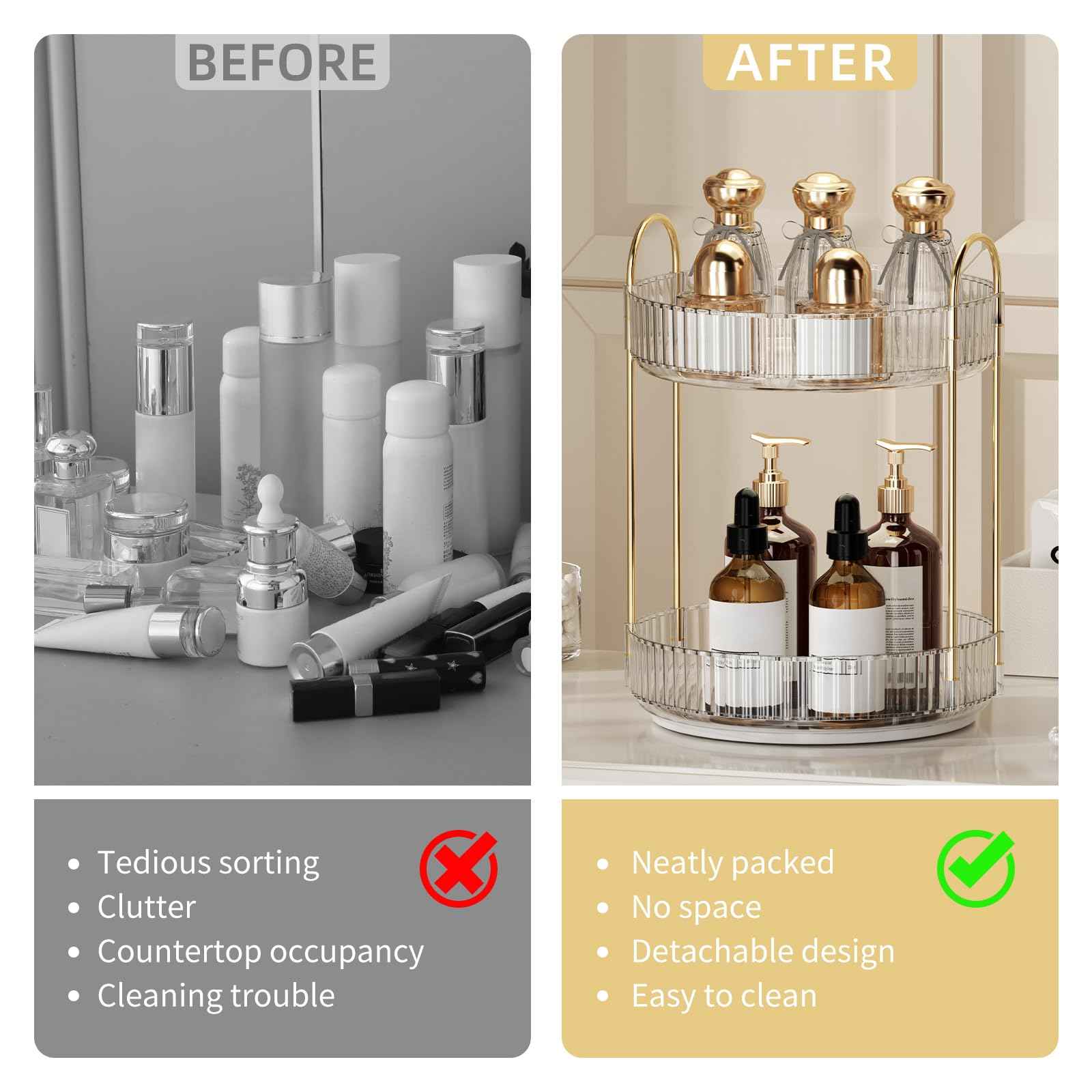 360° Rotating Makeup Organizer for Vanity - 2 Tier Perfume Organizer with Large Capacity - Skincare Organizer for Bathroom Counter - Space-Saving Cosmetic Storage for Dresser Countertop (Clear)