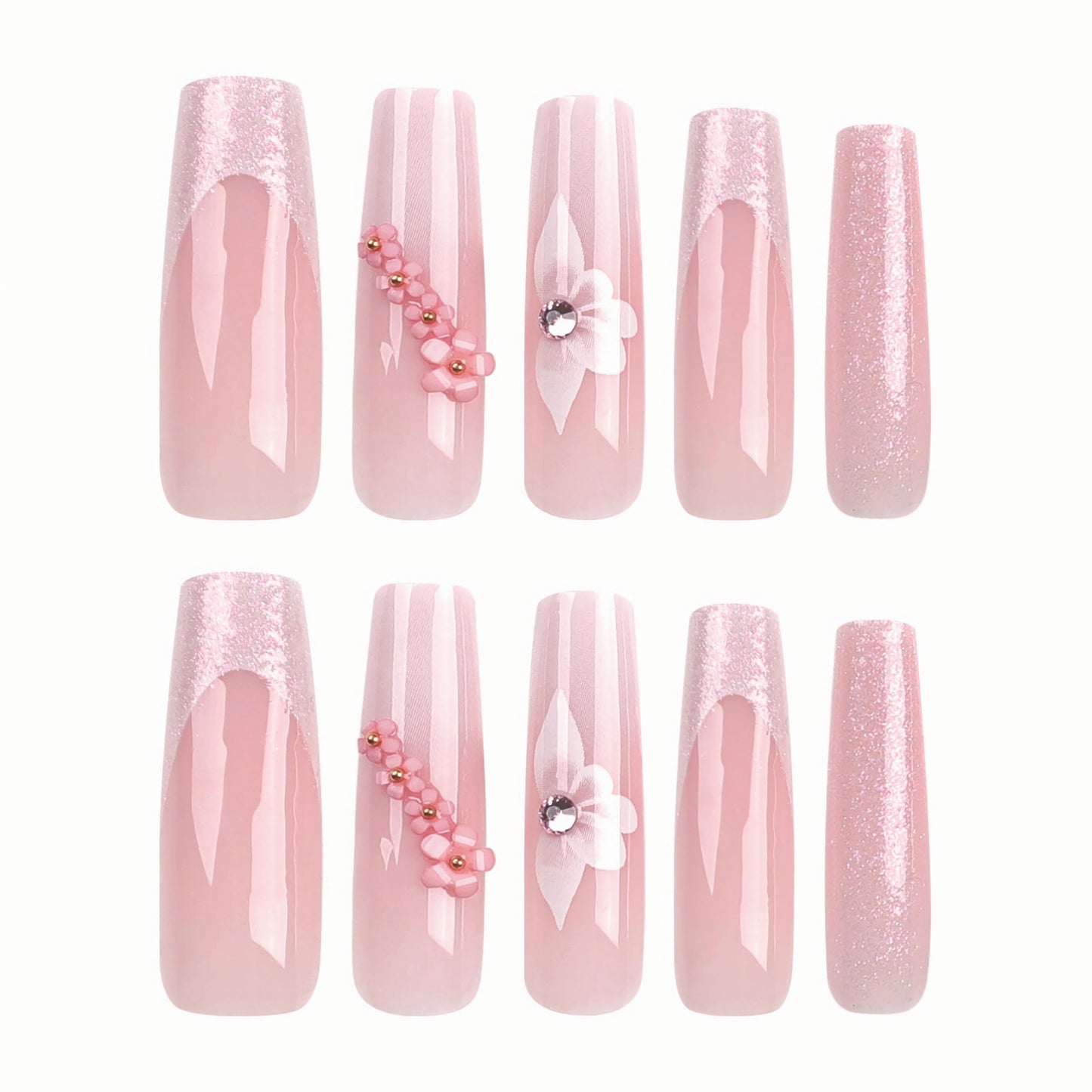 BABALAL French Tip Press on Nails Long Square Fake Nails Pink Glue on Nails Aurora Acrylic Nails 24Pcs 3d Flower Charm Design Squoval Artificial Bling False Nails for Women and Girls