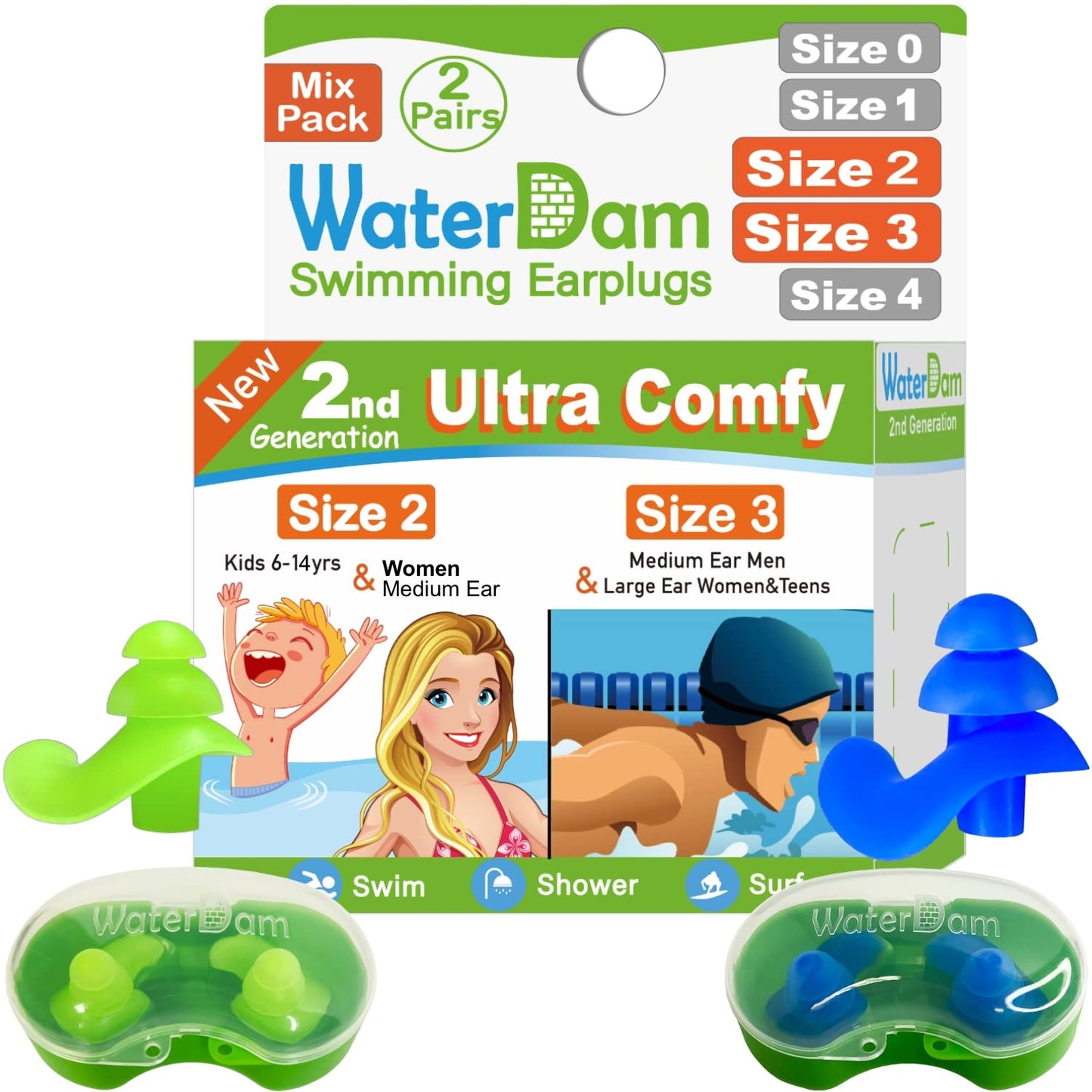 WaterDam Swimming Ear Plugs Great Waterproof Ultra Comfy Earplugs Prevent Swimmer's Ear (Size 2+3: Small Ear Men Large Ear Teens Women (Green Blue))