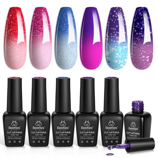 Beetles Color Changing Gel Nail Polish Kit, 6 Colors Pink Red Glitter Blue Purple Temperature Change Gel Polish Soak Off Uv Led Nails Gel Polish Diy Nail Art Salon Manicure Gifts for Women