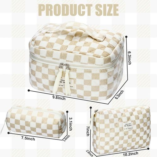 BuyCard Quilted Makeup Bag Set, 3Pcs Large Checkered Corduroy Cosmetic Bags, Cute Coquette Makeup Bag Toiletry Zipper Pouch Bag for Women Checkered Mix Brown