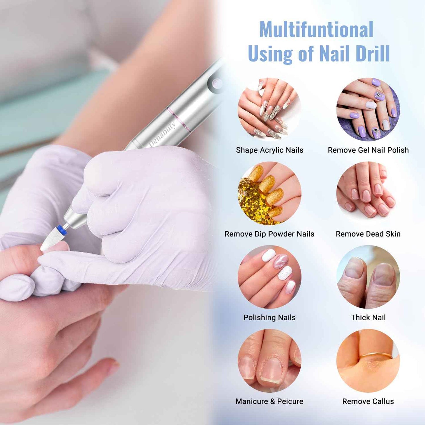 Denabuty Cordless Electric Nail Drill File: 35000RPM Professional Nail Drill Machine with UV LED Nail Lamp Charging Base, Manicure Pedicure Kit E File for Acrylic Gel Dip Powder Polish Silver