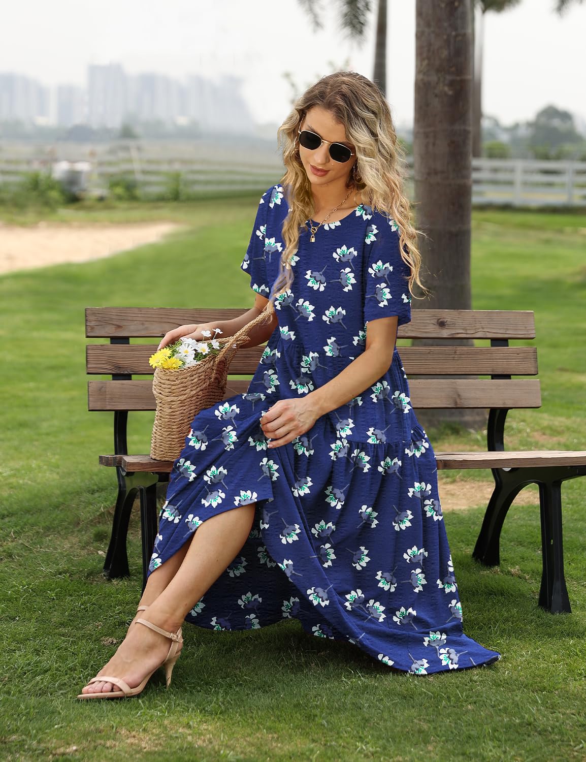 YESNO Women Casual Loose Bohemian Floral Dress with Pockets Short Sleeve Long Maxi Summer Beach Swing Dress S EJF CR423