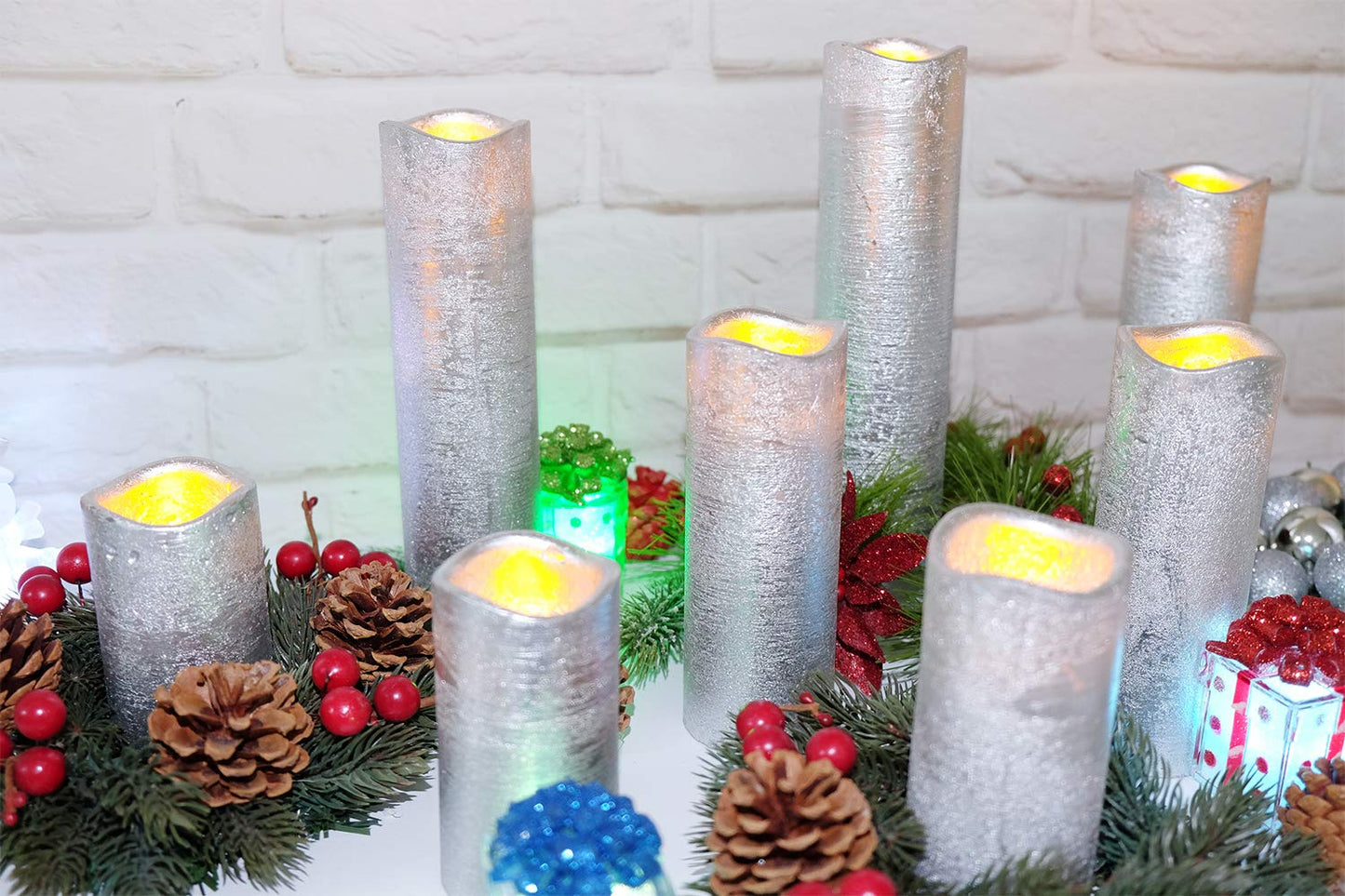 Eldnacele Flameless Candles Flickering LED Silver Pillar Candles Warm White Set of 9(H4 5" 6" 7" 8" 9" x D2.2) Electric Unscented Wax Silver Coated Battery Candles with Remote Timer for Home Deco