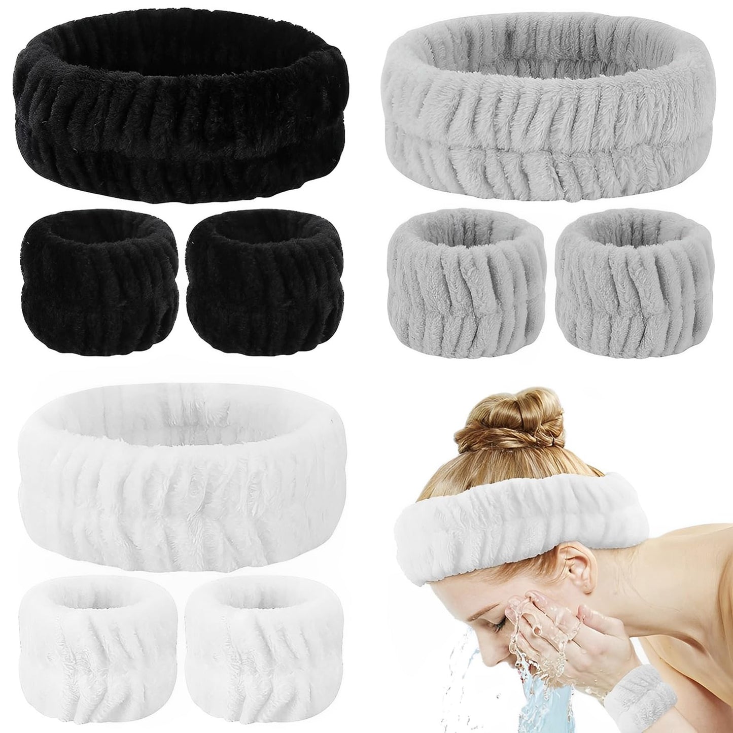 YARIEW 9Pcs Spa Headband and Wrist Washband Set, 3 Pieces Makeup Facial Face Wash Headband Head Bands and 6 Pieces Wrist Bands for Washing Face Terry Cloth Headbands for Women and Girls (Set 2)