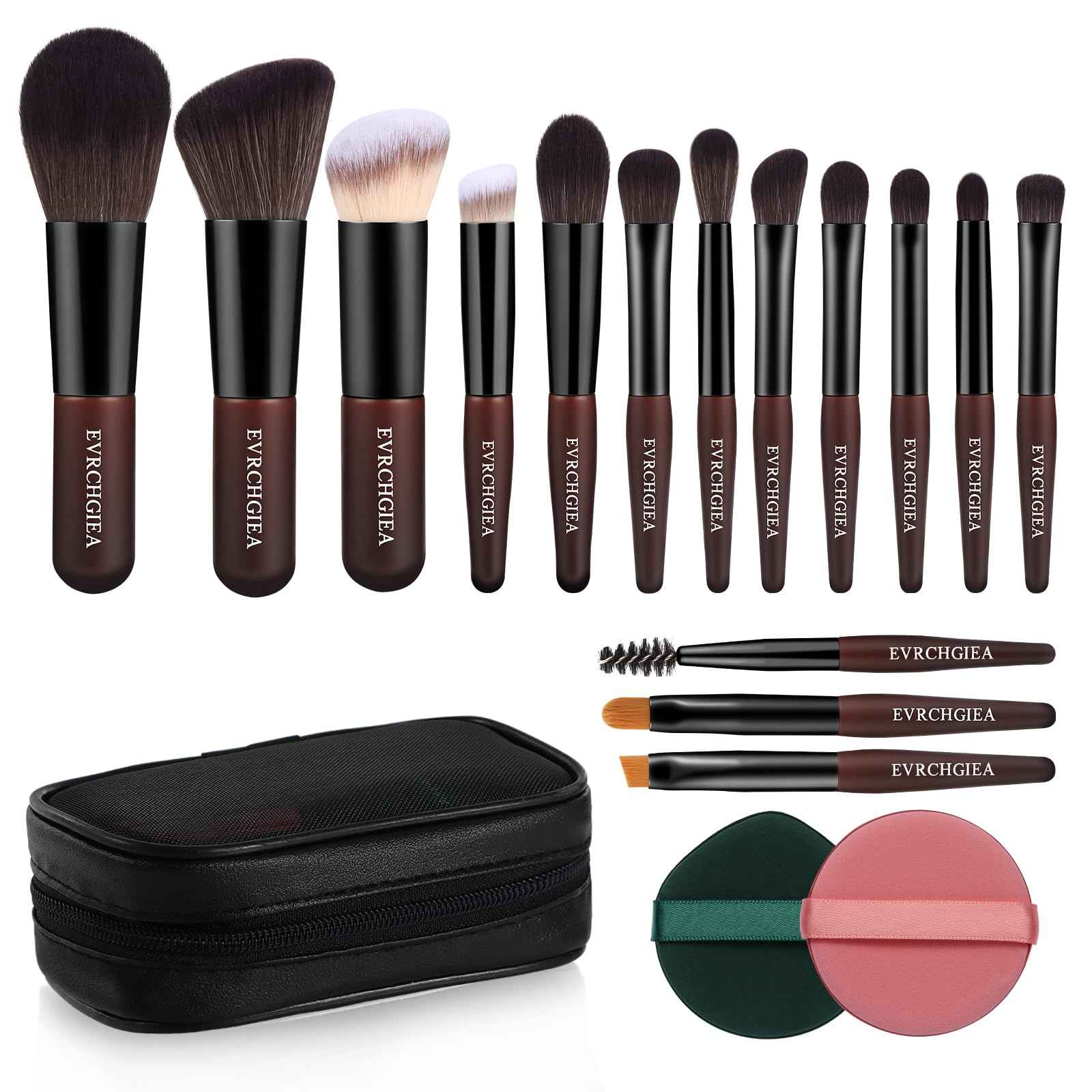 Travel Makeup Brush Set, 15 pcs Mini Makeup Brushes and 2 Puff for Foundation, Powder, Eyeshadow, Highlight, Contour, Blush & Concealer, Small Makeup Brush Set Purse Size with Case (black and brown)