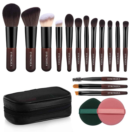 Travel Makeup Brush Set, 15 pcs Mini Makeup Brushes and 2 Puff for Foundation, Powder, Eyeshadow, Highlight, Contour, Blush & Concealer, Small Makeup Brush Set Purse Size with Case (black and brown)