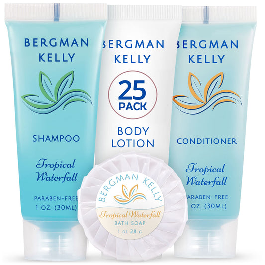 BERGMAN KELLY Hotel Toiletries Bundle (Tropical Waterfall, 1 oz each, 100 Pieces) 4-Piece Set: 25 Round Bar Soap, 25 Shampoo, 25 Conditioner & 25 Body Lotion - Bulk Mini Guest Amenities Supply