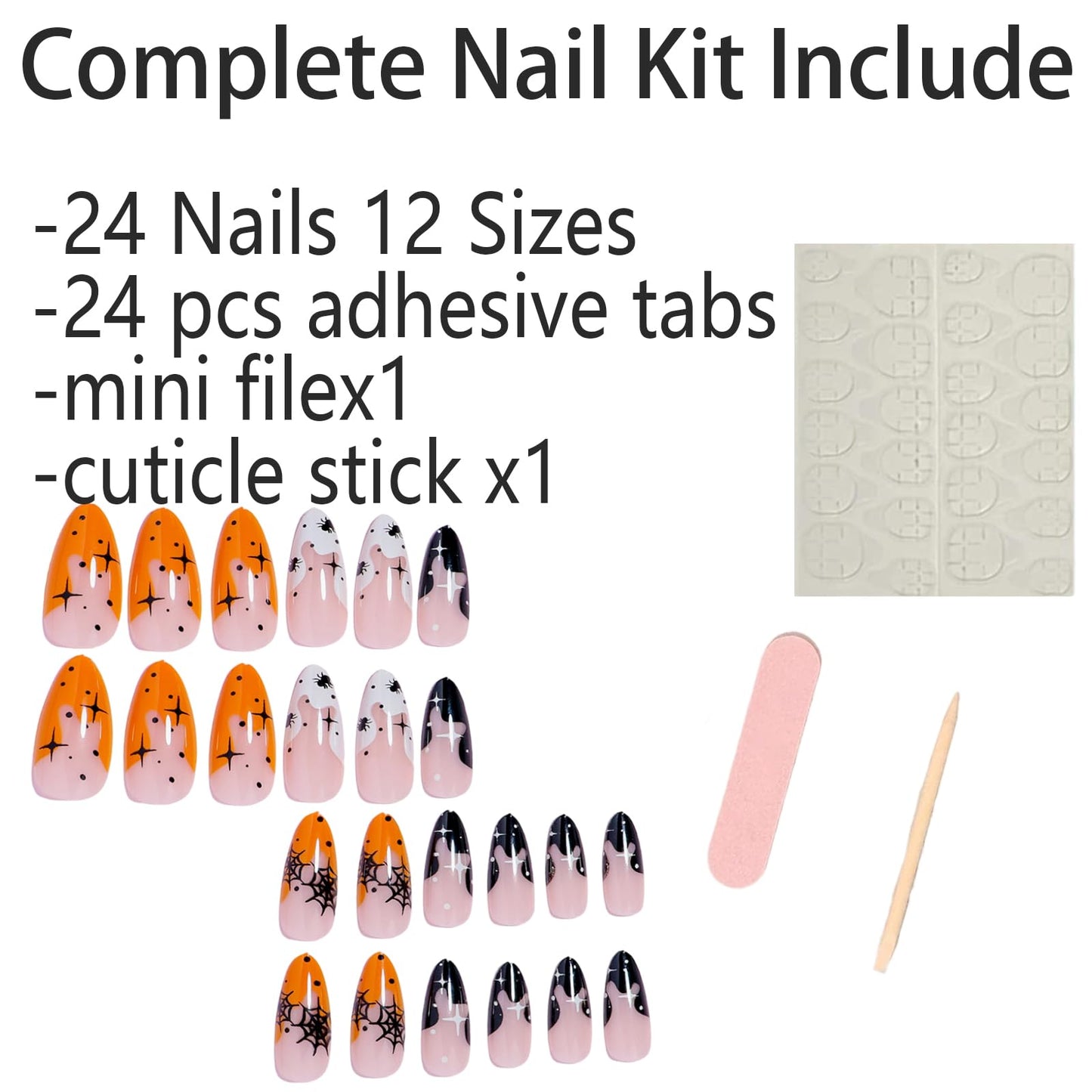 24Pcs Halloween Press on Nails Medium Length Almond Fake Nails Full Cover Black Spider Web Stick on Nails White Orange French Tip Artificial Acrylic Nails with Stars Design False Nails for Women Girls