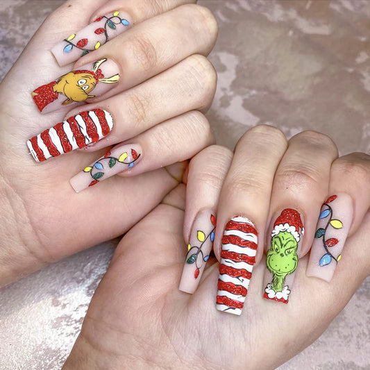 Christmas Press on Nails Long Coffin False Nails Red Fake Nails with Design Red and White Stripe Artificial Nails Full Cover Glue on Nails Cute Press on Nails Matte Cartoon Stick on Nails for Women