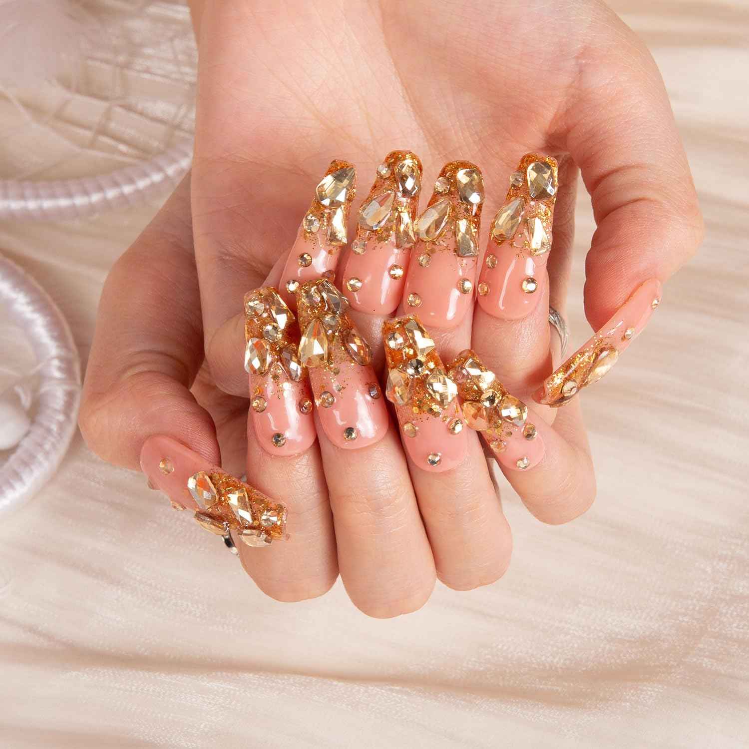 LOVFUL Press on Nails Stardust Gold Rhinestone | Handmade with Full Covered Crystals | Reusable Full Cover Nails | Coffin Classic Regular 1.3 in | H84-L