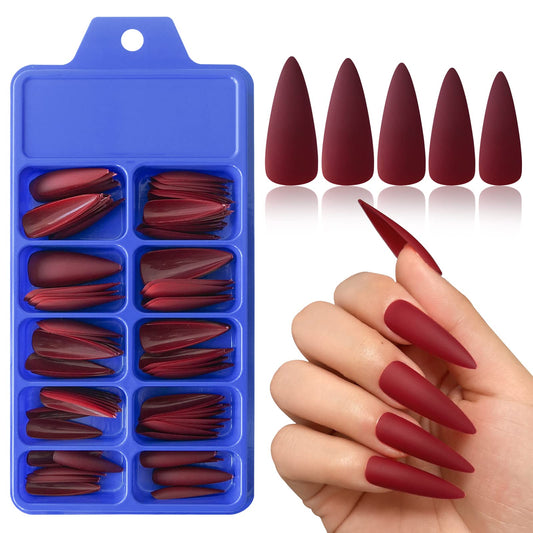 Bellelfin 120pcs Stiletto Press on Nails Long Full Cover Matte Red Fake Nails Acrylic Pure Colored False Nails for Women and Girls DIY Manicure 10 Sizes