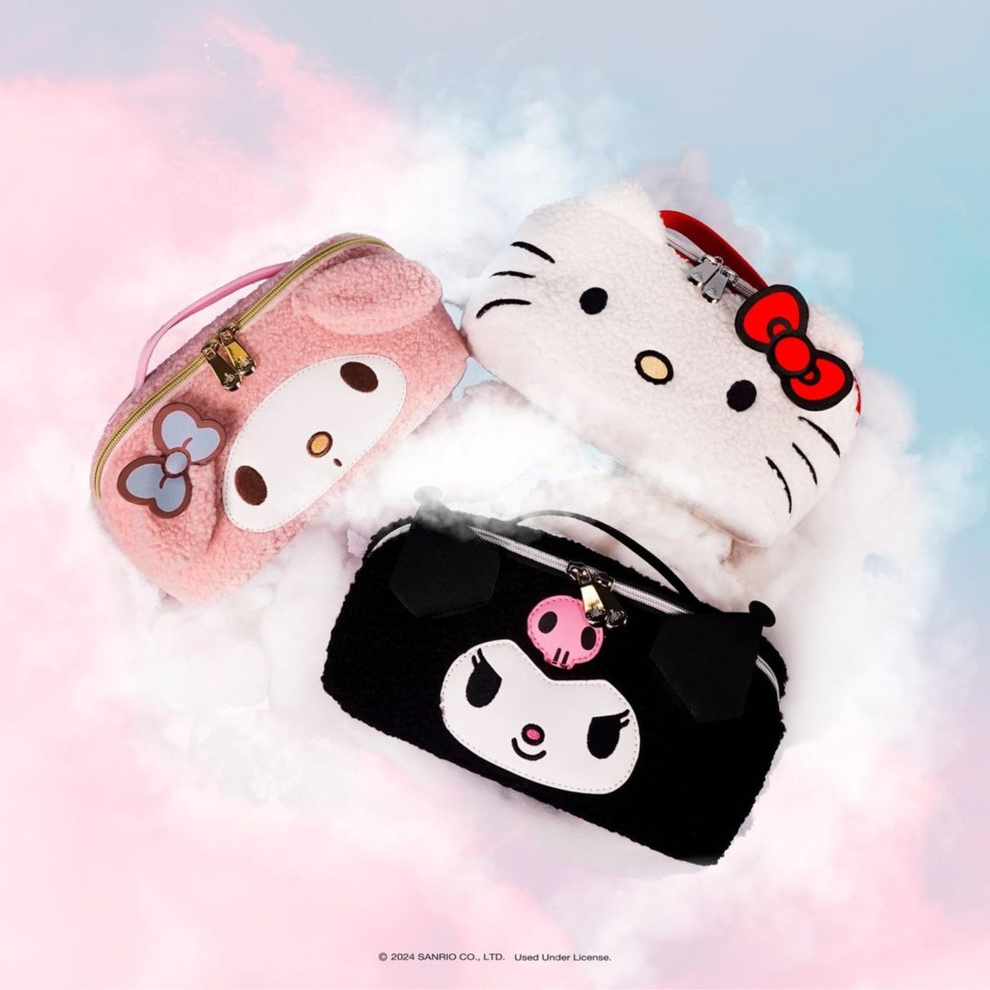 Impressions Vanity Hello Kitty Unfold Travel Makeup Bag Organizer, Opens Flat Zippered Cosmetic Bag with Cozy Sherpa Fabric Texture, Dual Compartments, Inner Pockets, Top Carrying Handle