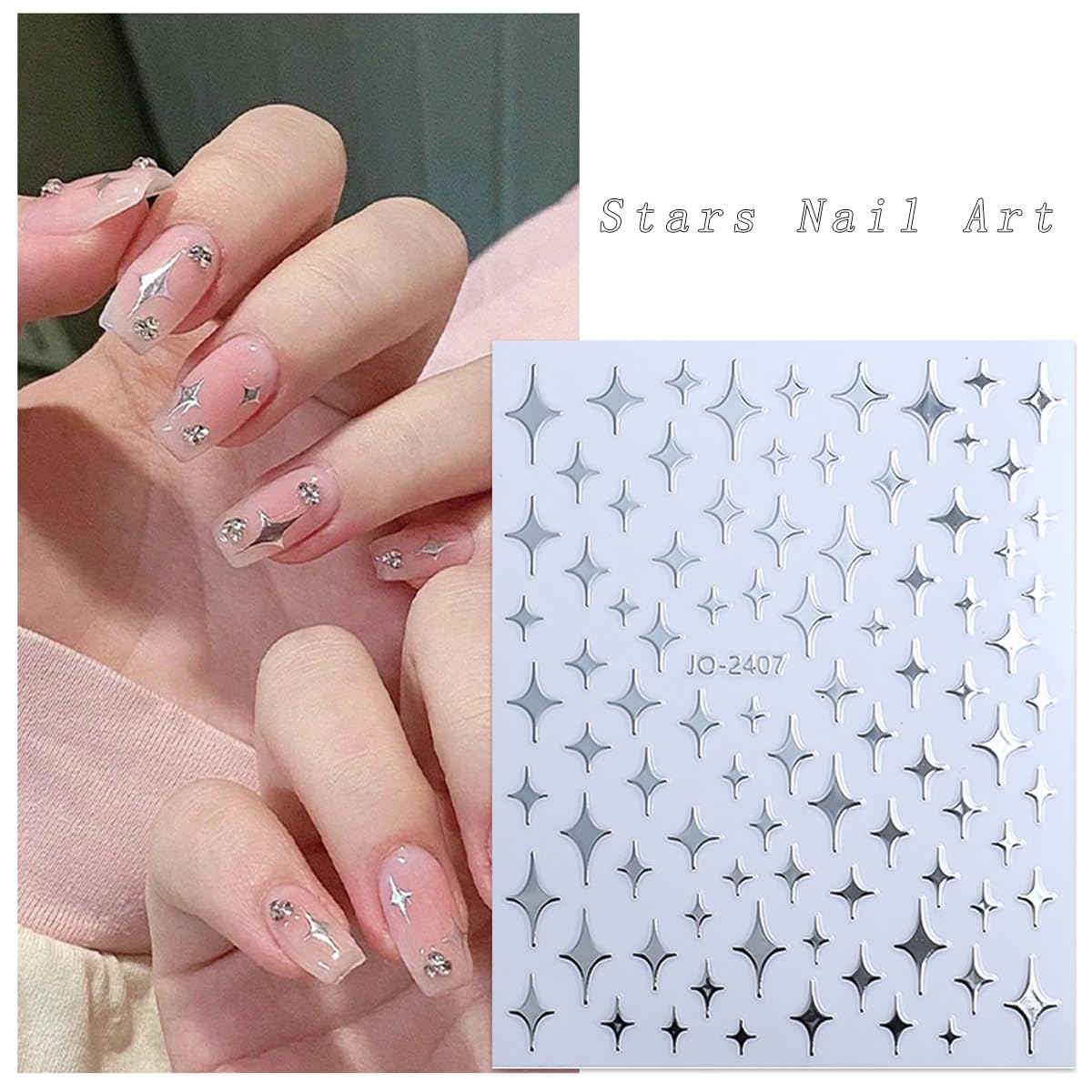 Heart Star Nail Art Stickers-6 Sheets Silver Heart Stars Nail Stickers 3D Self-Adhesive Shiny Heart Star Nail Designs Stickers Luxury Star Spring Summer Nail Decals for Acrylic Manicure Decoration