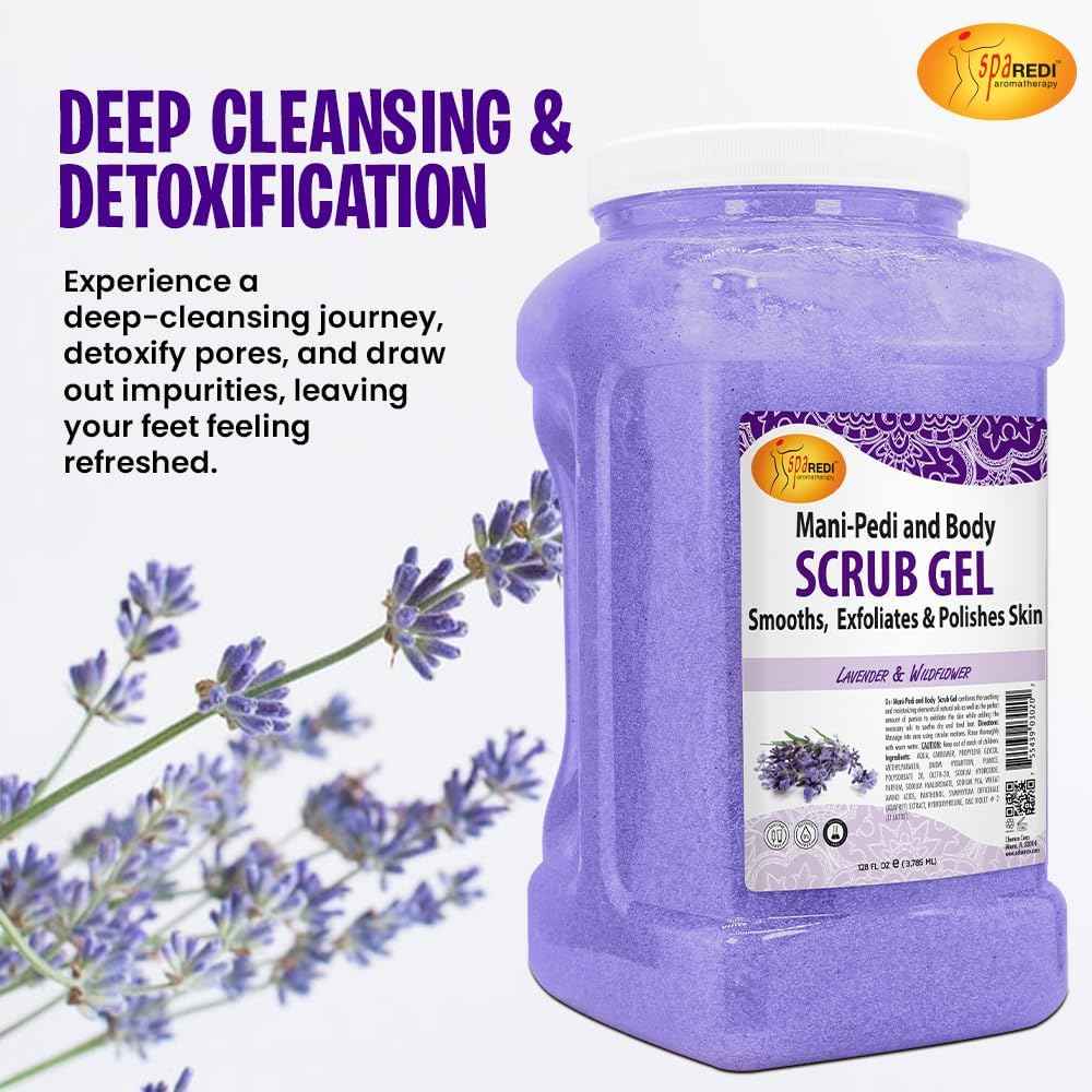SPA REDI - Exfoliating Scrub Pumice Gel, Lavender and Wildflower, 128 Oz - Manicure, Pedicure and Body Exfoliator Infused with Hyaluronic Acid, Amino Acids, Panthenol and Comfrey Extract