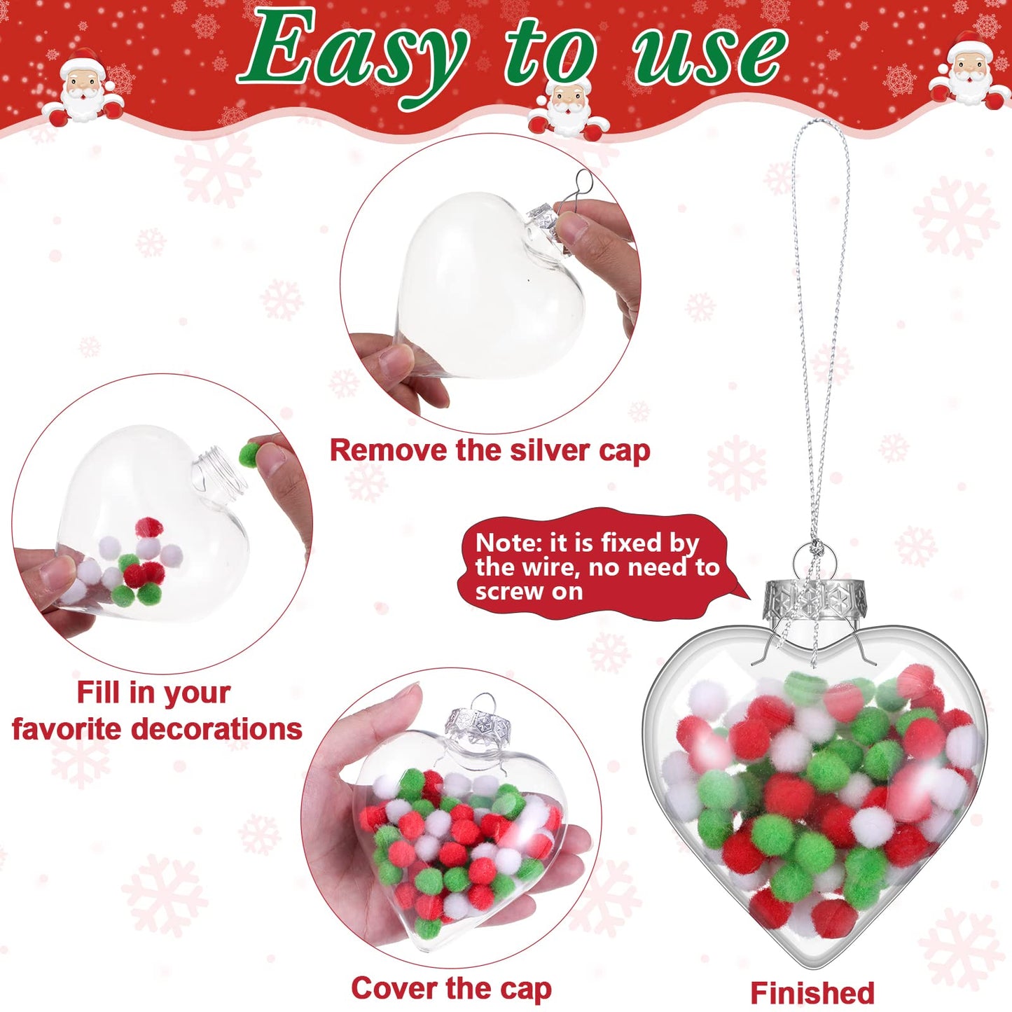 24 Pcs Christmas Clear Heart Ornament for Crafts DIY Fillable Christmas Ornament Balls 100 mm Plastic Heart Shaped Filling Transparent Hanging Box with Rope for Xmas Tree Decor Wedding Party Present