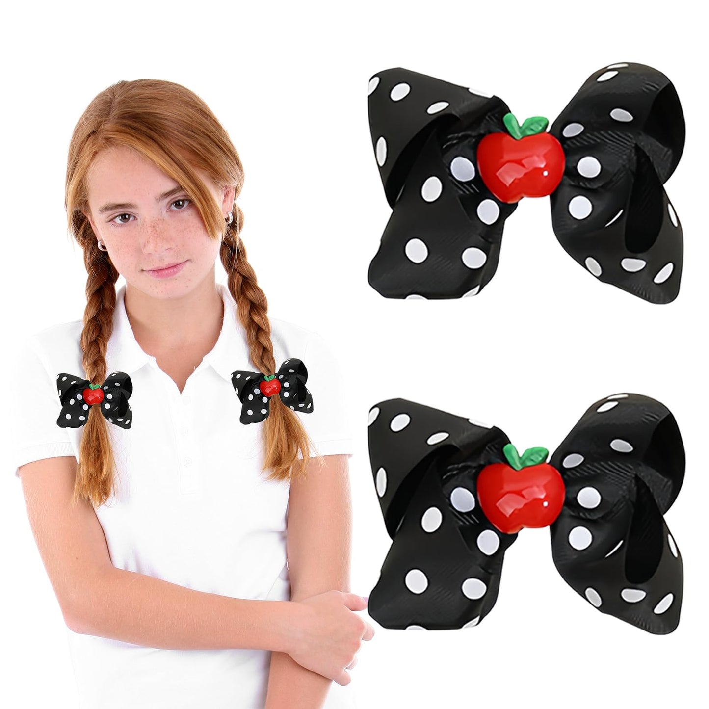 Back to School Hair Clips Cute Hair Clip Fruit Hair Bows for Toddler Black Bow Hairpin for Girls White Dot Hair Barrettes Hairpins for Kids First Day of School Hair Accessories for Hair Styling 2PCS