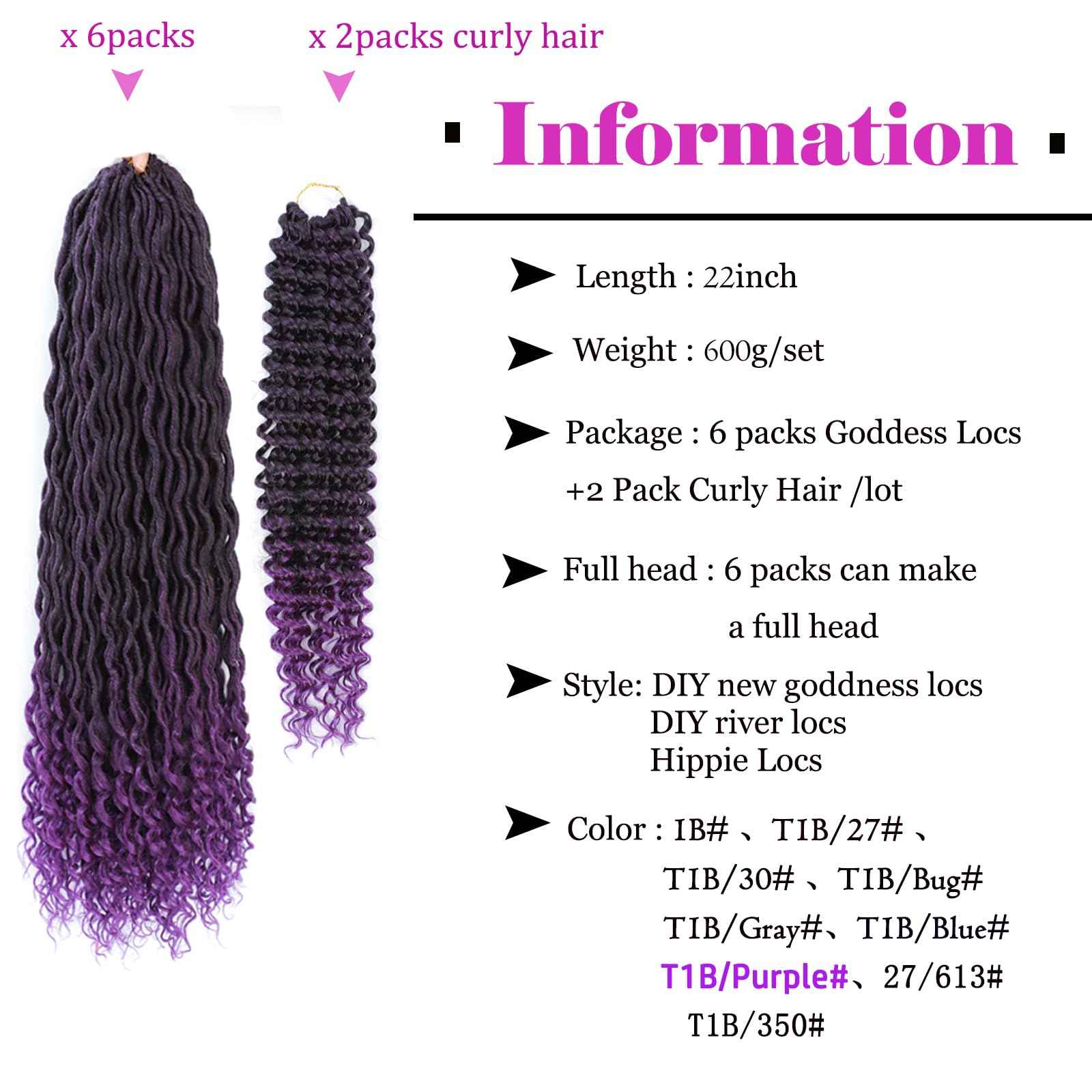 Purple Boho Goddess Locs Crochet Hair 8 Packs 22 inch River Locs Crochet Hair Boho Faux Locs Crochet Braids with Curly Ends(T1B/Purple#)