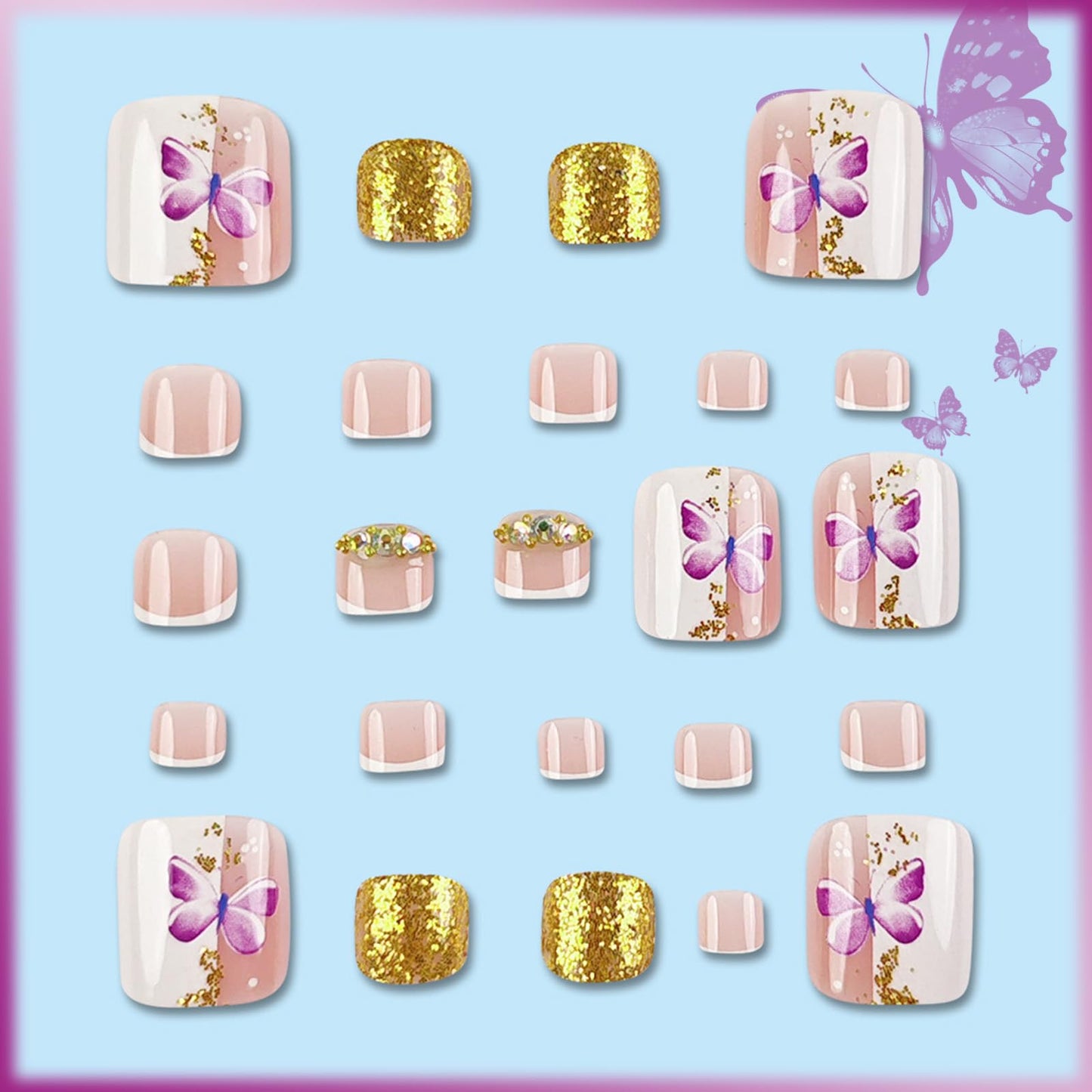 24Pcs French Tips Press on Toenails with Butterfly Design Glossy Gold Glitter Acrylic Short Square Fake Toe Nails Gel Glue on Nails Rhinestones Full Cover False Toenails Stick on Nails for Women Girls