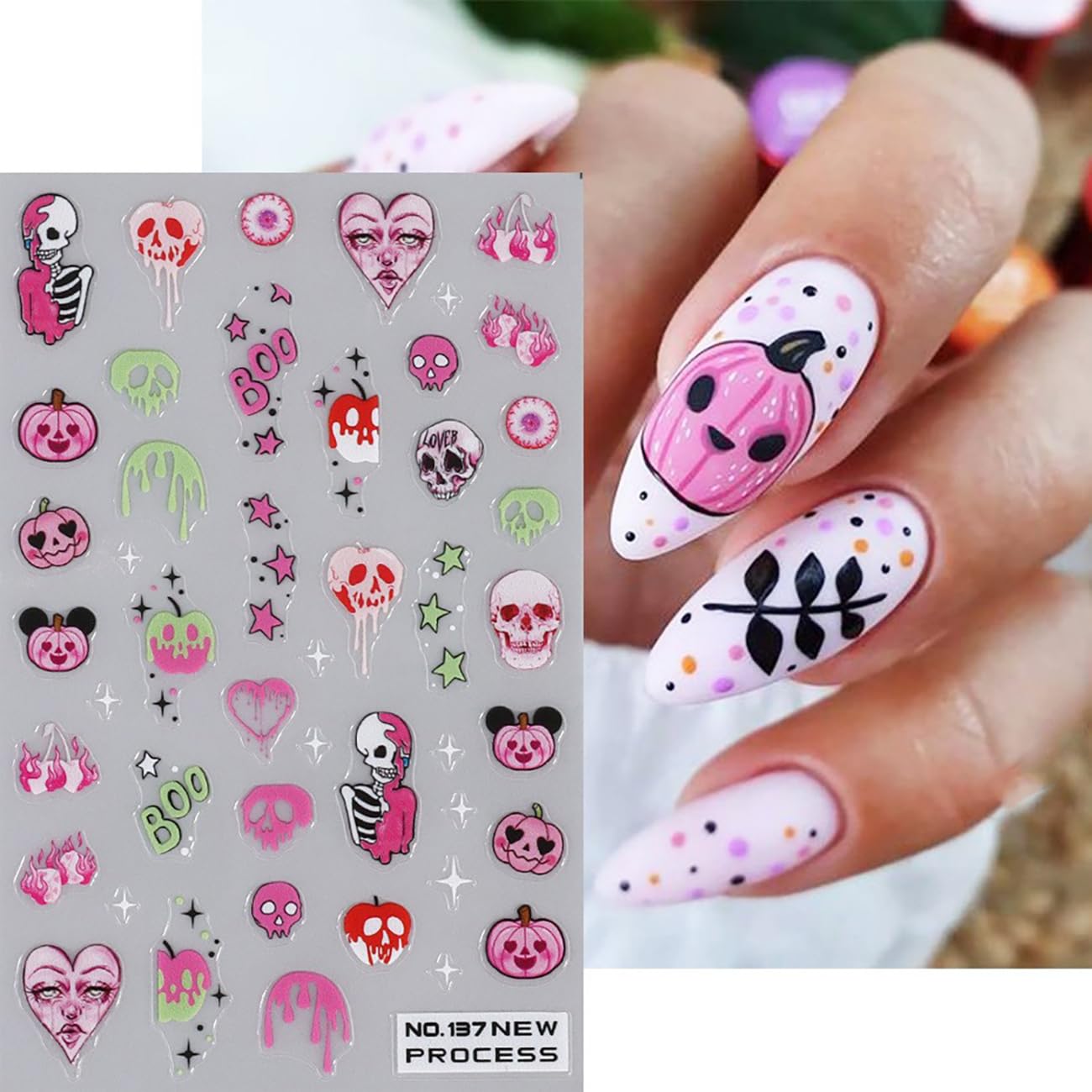 6 Sheets Pink Halloween Nail Stickers Skull Pink Ghost Nail Decals Pumpkin Nail Art Stickers 3D Self-Adhesive Nail Art Decals DIY Nail Designs Nail Supplies for Halloween for Women Girls Decoration