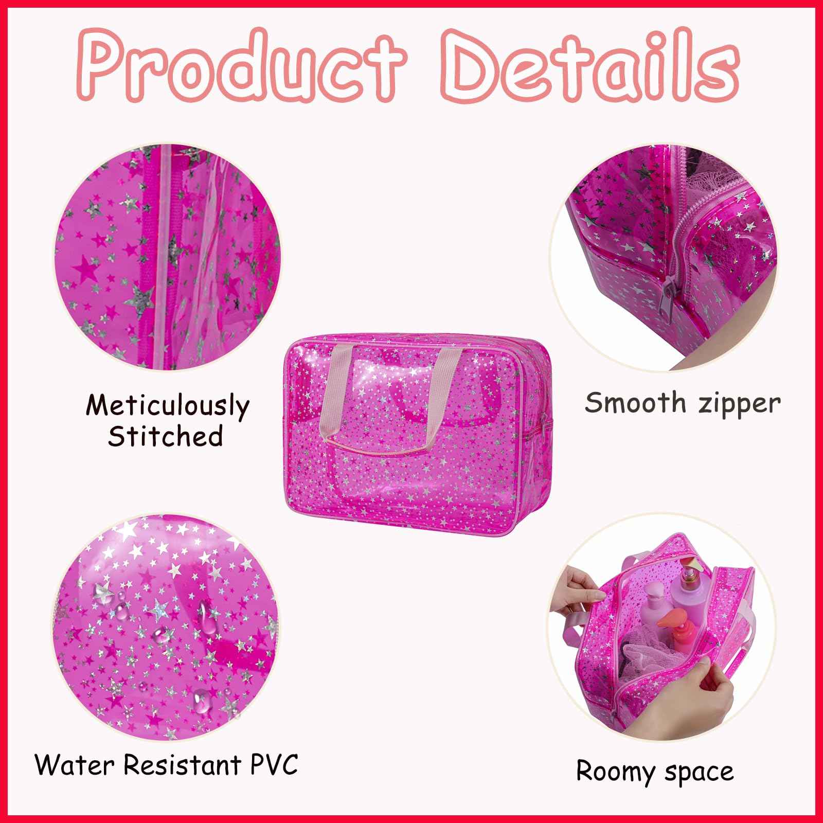 RSRSLEII Clear PVC Star Large Cosmetic Bag, Transparent Large Zippered Opening Makeup Bag, Portable Waterproof Travel Bag with Handle, Gym, Swimming and Beach Bag (01Pink)
