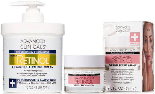 Advanced Clinicals Retinol Body Cream + Encapsulated Retinol Face Cream Anti Aging Moisturizer Lotion 2PC Set For Diminishing Appearance Of Wrinkles, Fine Lines, Crepey Skin, & Age Spots, 2-Piece Set