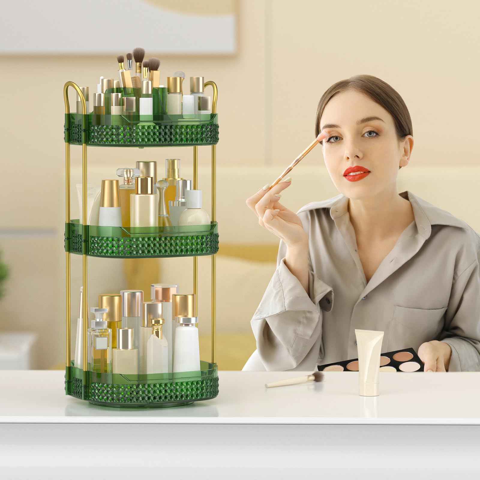 BOCONY Rotating Makeup Organizer for Vanity 3 Tier, Perfume Organizer with Makeup Brush Holder, Large Capacity Cosmetics Clear Skincare Organizer for Countertop (Green)